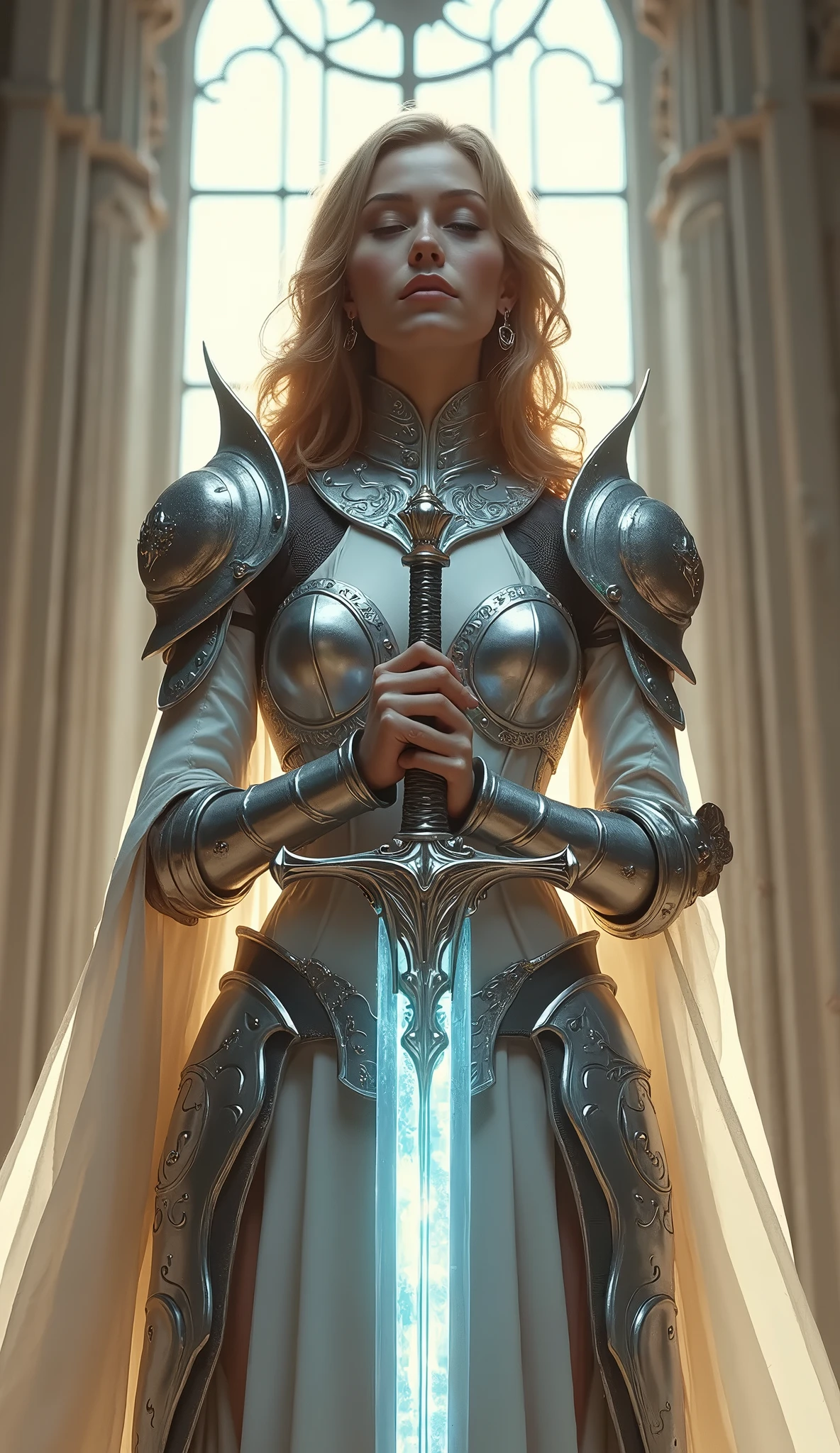 Arafed woman in armor holding a sword in front of a window - SeaArt AI