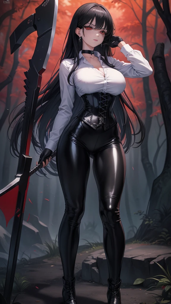 8K, highres, ultra detailed, (masterpiece:1.4), The best quality, symmetrical body, standing, pose sexy, front view, choker:1.6, holds an axe in his hand, (White collar button-down shirt with white long sleeves), Black gloves, gloves that cover the hands, (black leather corset), (Black shiny leggings), (black boots), Alone, Earrings, Long hair, black hair, perfect eyes,  red eyes, Shine effect, detailed eyes, detailed face, mirAndo Al espectAdor, path, dark forest, night, fog, angled view, big breasts, serious gaze