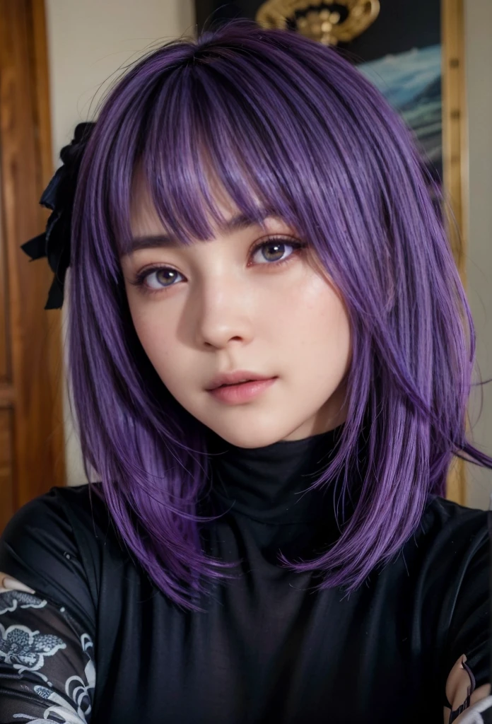 Ayane, purple hair, (best quality, ultra-detailed), (realistic:1.37), beautiful and detailed face, ultra-realistic texture, delicate face, delicate body, red lipstick, long-lasting colors. high definition, 8K. expression with a sexy look