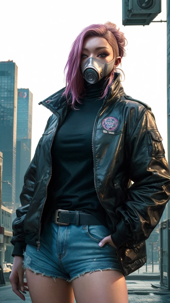 cyberpunk girl ,Graffiti, gas mask,(Premium、8K、32k、​masterpiece)、(The ultra - High definition)、(photorealistic:1.4), dynamic pose, COWBOY SHOT, cyberpunk fashion,Depth of Fields, cyberpunk city background, cinematic lighting.