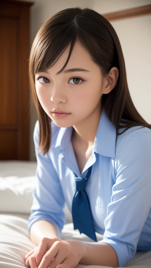 lens: 135mm f1.8,(Highest quality),(Tabletop:1.1), (Beautiful 16 year old Japanese girl), (Moist lips), Narrow eyes, double eyelid,Delicate clavicle,Flat Chest,Shortcuts,
(Let me'Let's take another look), (close:1.4), shame, A faint smile,
(Spotted sunlight:1.2), Dramatic lighting,
(Taking off school uniform), (Sunburned skin:0.2),Full body photo、Full Body Focus、Sitting on the floor with legs apart