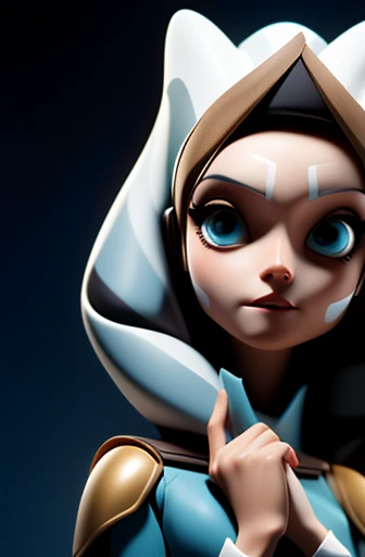 (masterpiece of the highest quality, Super detailed), Ahsoka Tano, (Orange peel:1.2), sexy, young, Teen, , blue eyes, compensate, Small breasts, Blue Shirt, vambraces, Fingerless gloves, Hip Armor, Blue Skirt, Blue leggings, anime/cartoon character wearing a 女の子s,Standing, Watching the audience,Wearing a white and grey striped headpiece, Covers the ears and part of the forehead, Decorated in brown, Sophisticated headband. Her skin is warm, Dark Brown, Her face is covered in striking white makeup.., They have a distinctive diagonal stripe on their foreheads.., A cloak with a texture that seems to be made from thick fabric.., Wool-like material, Adds to her regal and authoritative appearance. She has her hands folded in front of her chest, She is wearing a black glove on her left hand.., small, A round device worn on the wrist,stunning face, detailed eyes and face, detailed body, detailed skin, (portrait, on), (masterpiece), (high aesthetic), (absolutely resolution)