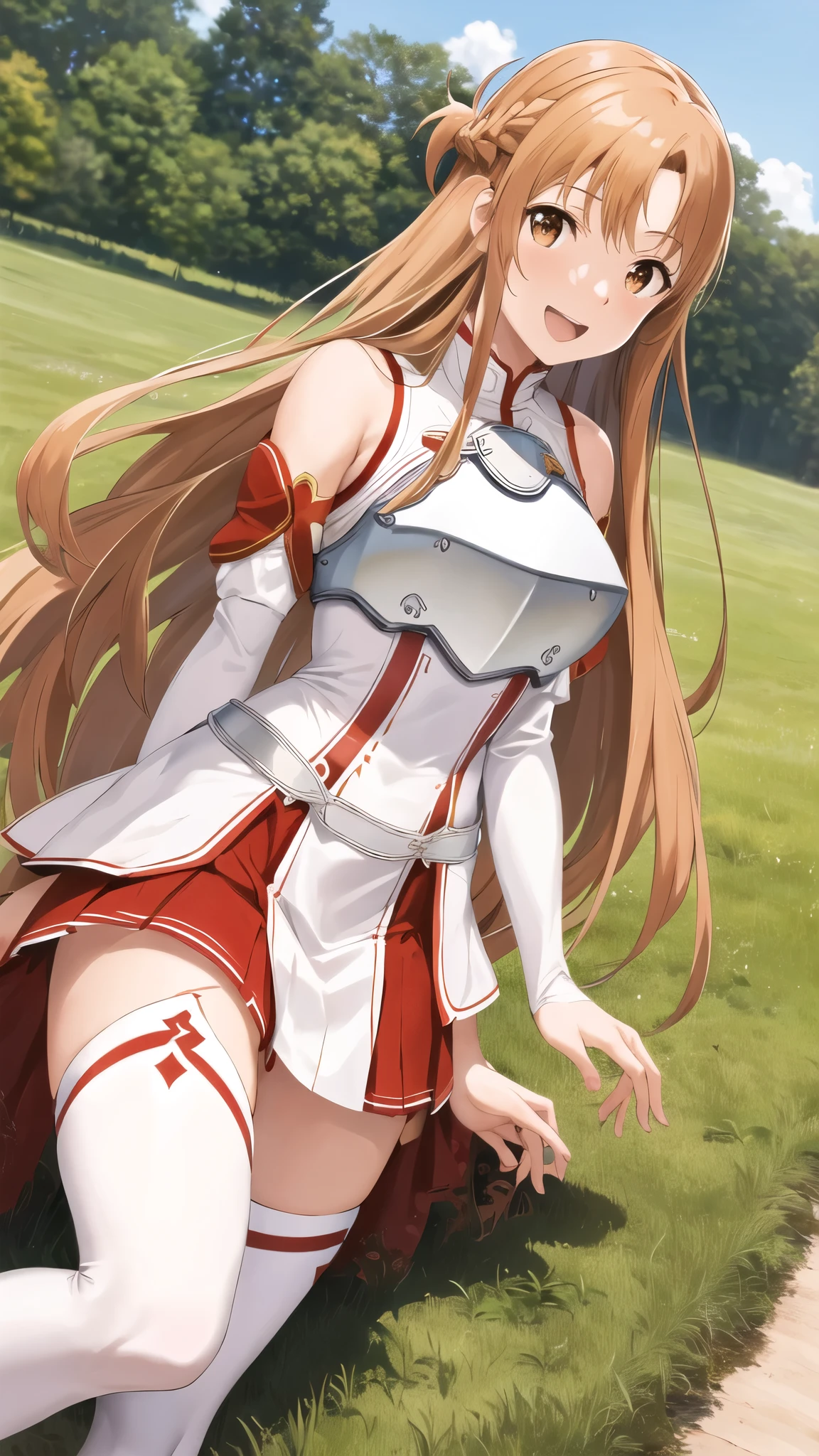 masterpiece, best quality, highres, looking at viewer, ddasuna, long hair, brown hair, hair ribbon, brown eyes, bare shoulders, white armor, armored dress, detached sleeves, white gloves, white thighhighs
smile, open mouth, standing, leaning forward, arms behind back, outdoors, cherry blossoms, <lora:asuna_(sao)_v1:.8>