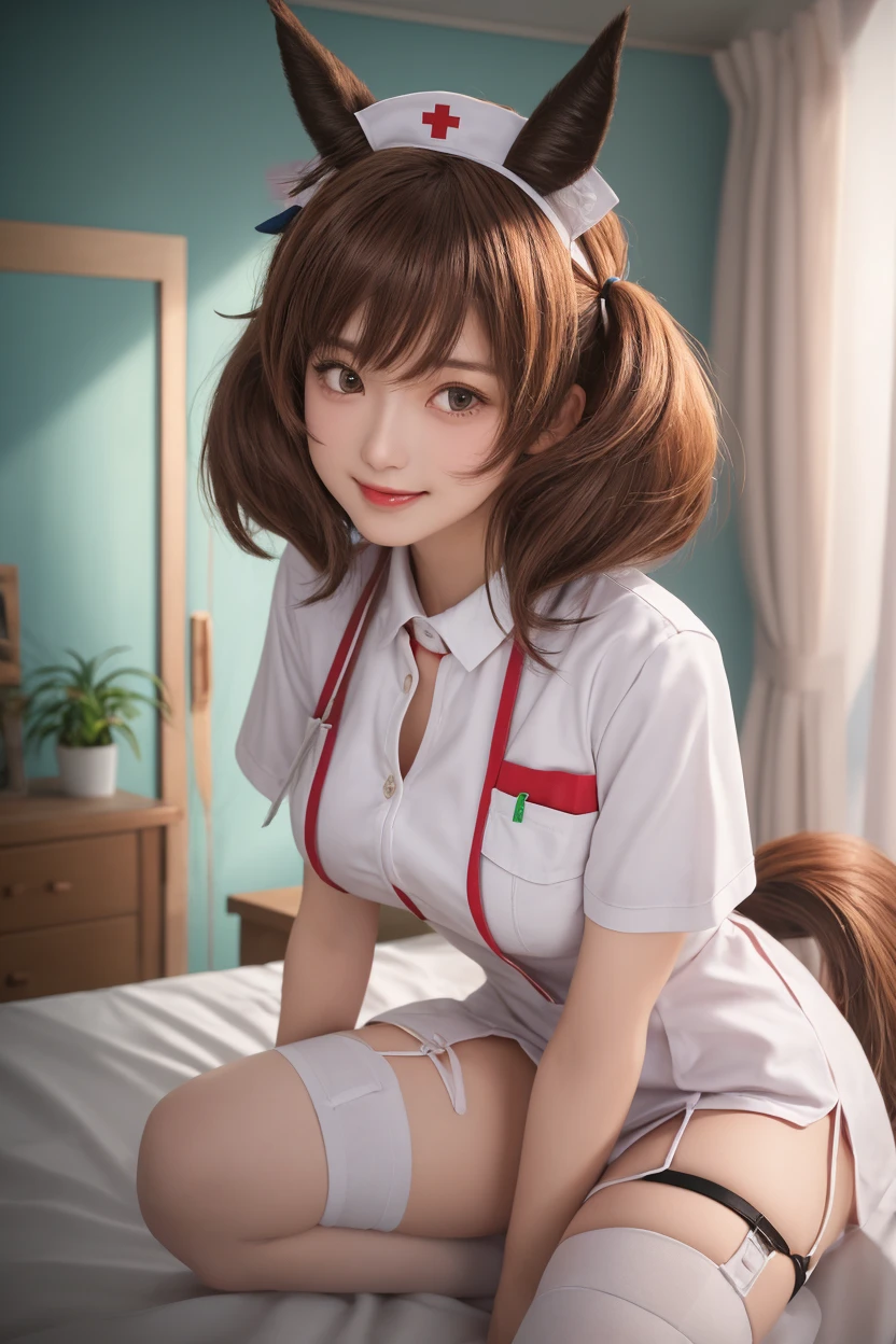 (masterpiece, best quality, RAW photo, realistic), with long reddish brown hair, bangs, hair between eyes, posing seductively on a photoshoot, hands massaging breasts, warm lighting, sexy catgirl cosplay outfit, cat ears, naked, exposed chest, small boobs, ((open white lab coat)), exposed genitalia, white lab wall background, ((blue eyes)), pubic hair, ((flat chest, smallest breasts))