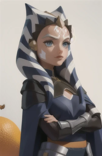 (masterpiece of the highest quality, Super detailed), Ahsoka Tano, (Orange peel:1.2), sexy, young, Teen, , blue eyes, compensate, Small breasts, Blue Shirt, vambraces, Fingerless gloves, Hip Armor, Blue Skirt, Blue leggings, anime/cartoon character wearing a 女の子s,Standing, Watching the audience,Wearing a white and grey striped headpiece, Covers the ears and part of the forehead, Decorated in brown, Sophisticated headband. Her skin is warm, Dark Brown, Her face is covered in striking white makeup.., They have a distinctive diagonal stripe on their foreheads.., A cloak with a texture that seems to be made from thick fabric.., Wool-like material, Adds to her regal and authoritative appearance. She has her hands folded in front of her chest, She is wearing a black glove on her left hand.., small, A round device worn on the wrist,stunning face, detailed eyes and face, detailed body, detailed skin, (portrait, on), (masterpiece), (high aesthetic), (absolutely resolution)