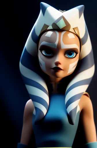 (masterpiece of the highest quality, Super detailed), Ahsoka Tano, (Orange peel:1.2), sexy, young, Teen, , blue eyes, compensate, Small breasts, Blue Shirt, vambraces, Fingerless gloves, Hip Armor, Blue Skirt, Blue leggings, anime/cartoon character wearing a 女の子s,Standing, Watching the audience,Wearing a white and grey striped headpiece, Covers the ears and part of the forehead, Decorated in brown, Sophisticated headband. Her skin is warm, Dark Brown, Her face is covered in striking white makeup.., They have a distinctive diagonal stripe on their foreheads.., A cloak with a texture that seems to be made from thick fabric.., Wool-like material, Adds to her regal and authoritative appearance. She has her hands folded in front of her chest, She is wearing a black glove on her left hand.., small, A round device worn on the wrist,stunning face, detailed eyes and face, detailed body, detailed skin, (portrait, on), (masterpiece), (high aesthetic), (absolutely resolution)