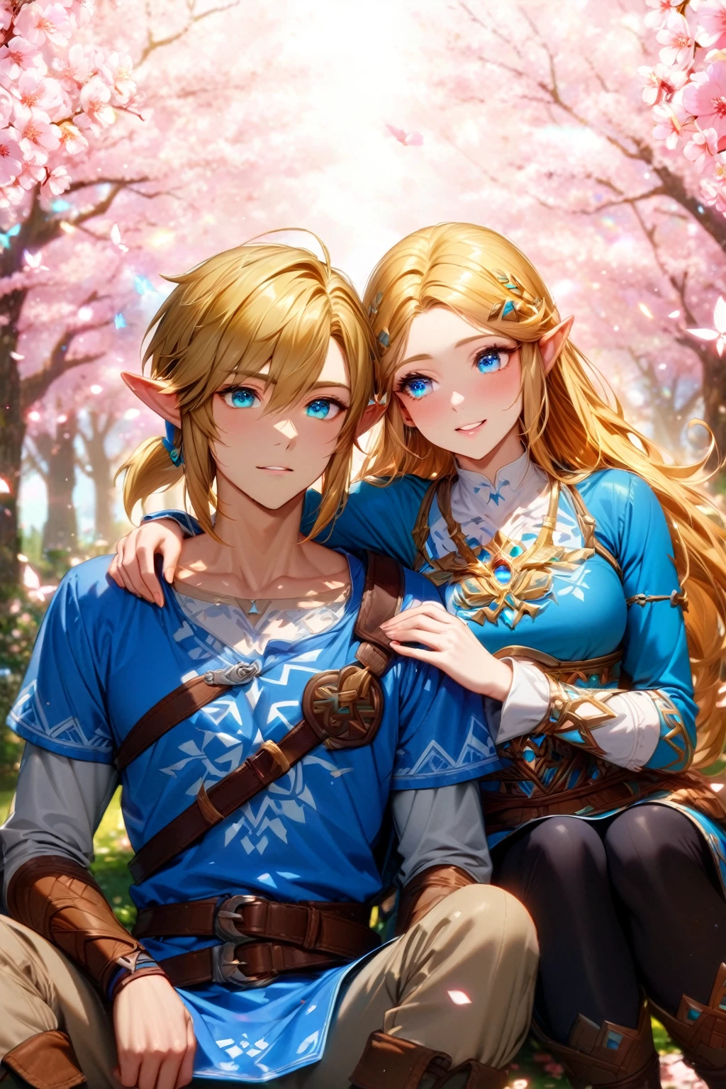 absurdres, highres, ultra detailed, HDR, master piece, best quality, extremely detailed, detailed eyes, detailed face, Link, blonde hair, expressive blue eyes, The Legend Of Zelda Breath Of The Wild, Zelda, blonde hair, expressive blue eyes, handsome man together with a beautiful woman, couple, blue clothes, glittering pink butterflies, garden, magic circle, green leaves, pink petals, pink flowers, fantasy, magical, pink cherry blossoms, sitting