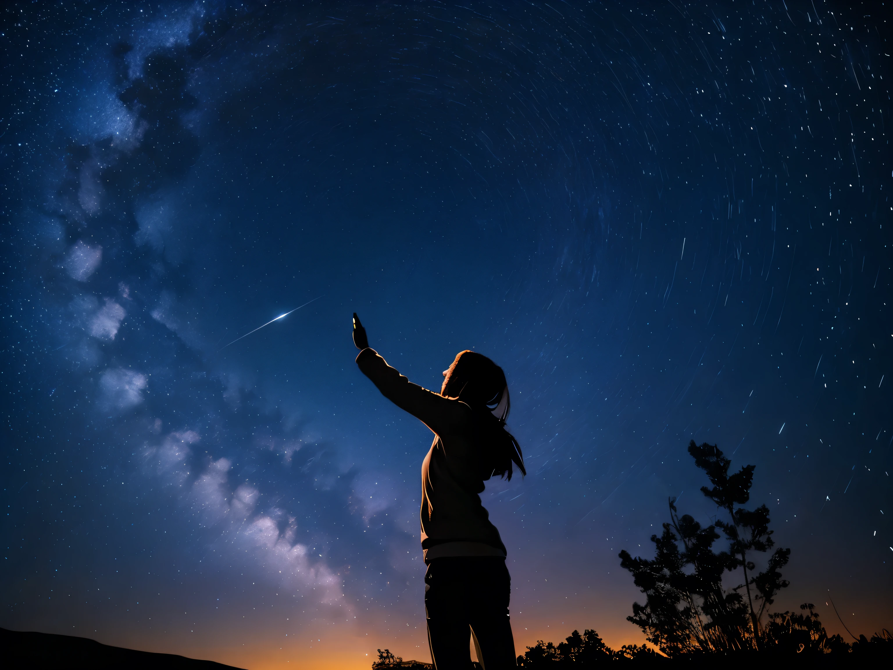Rotating starry sky, shooting stars, girl looking up at the sky, North Star, star trails with 1 hour exposure