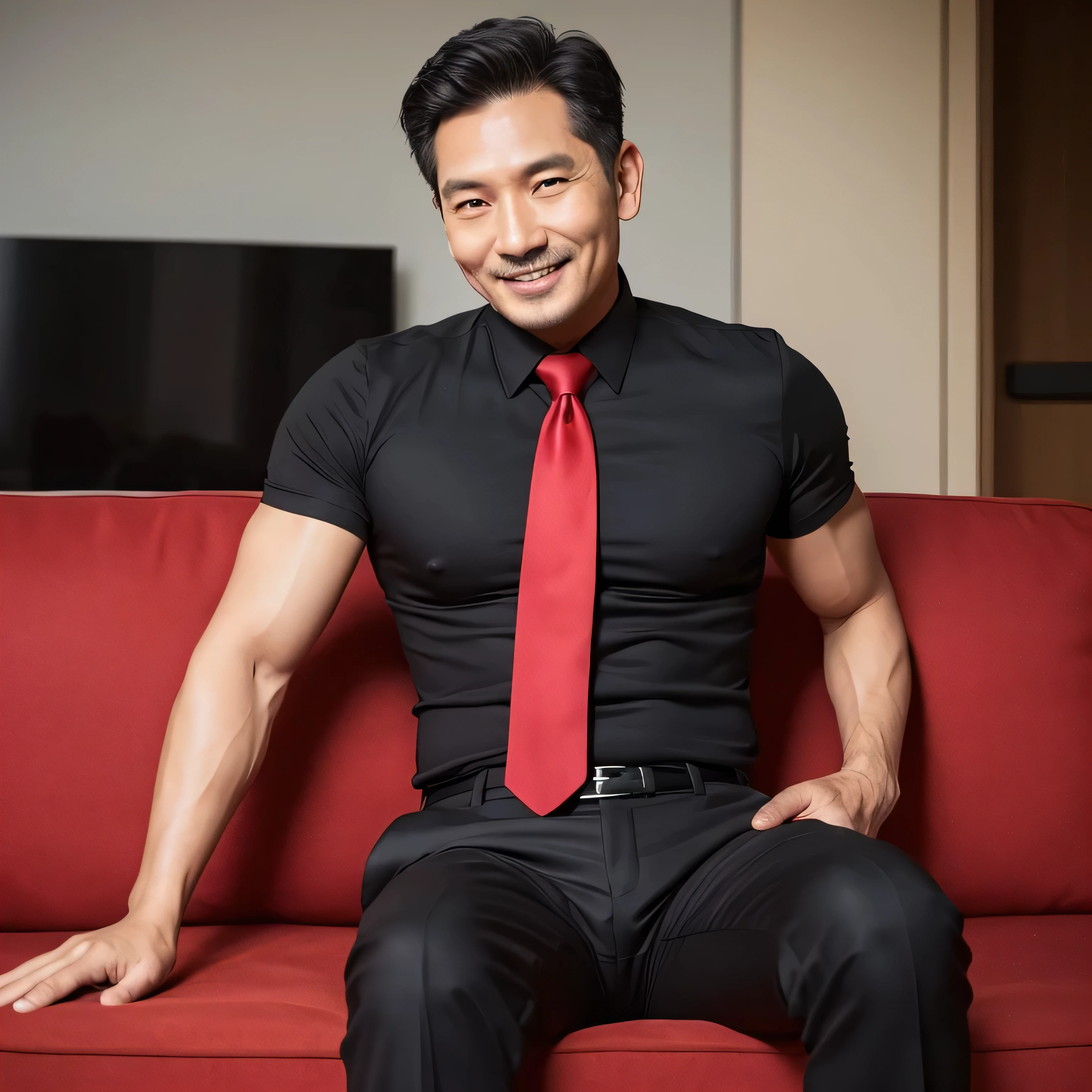 aged 40,Hidetoshi Nakata,(Kogoro Mouri 1.3),Crotch contour elevation,Thick body hair,office room,Two men in suits stood,Shirtless,Sexy red briefs,fortitude,k hd,with mustache,black long socks,Thick chest hair,