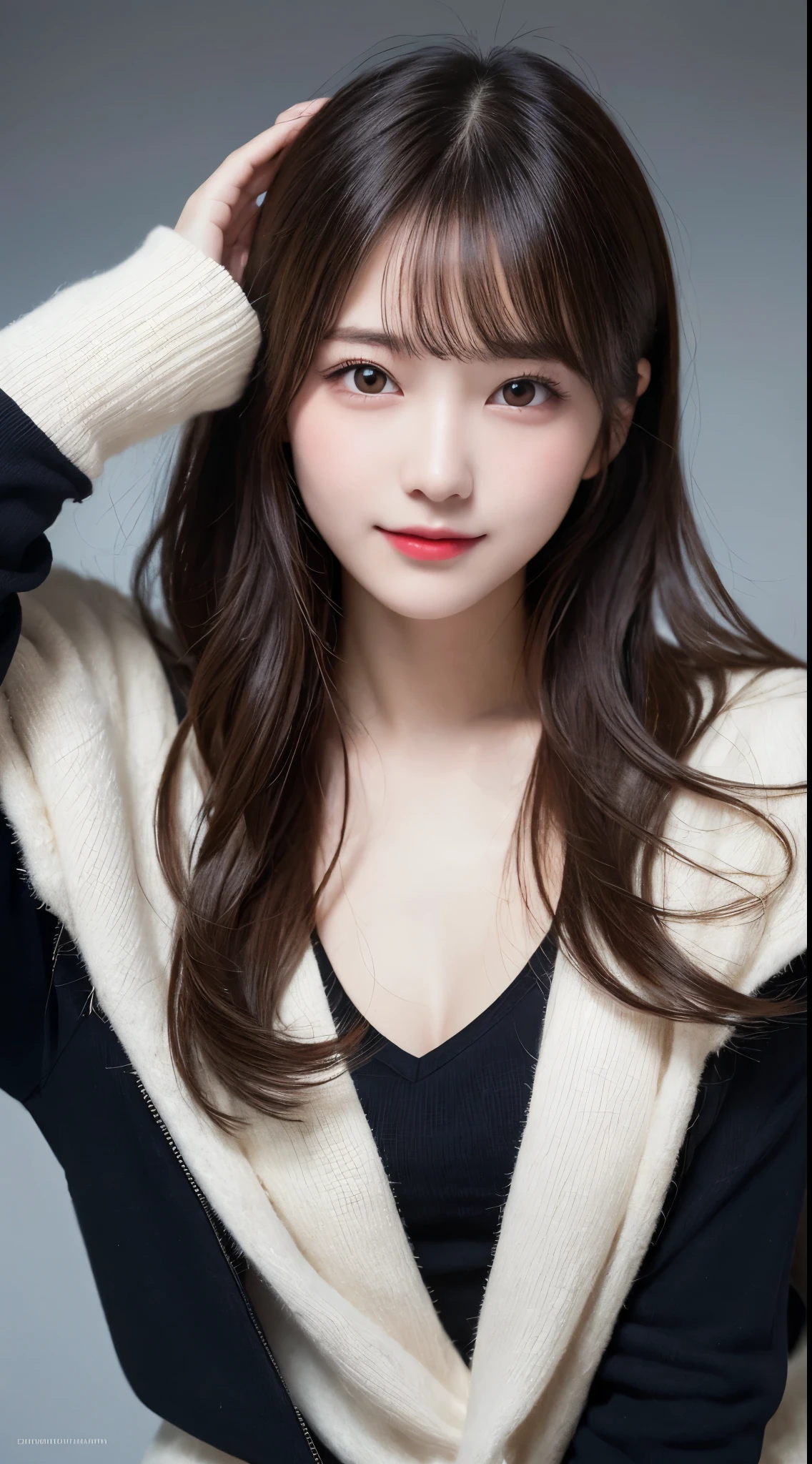 Top quality masterpiece, shape, 非常にdetailed, detailed, High resolution, 8K wallpaper, 完璧な動的な構shape, Beautiful details in Winter clothes,Medium Hair, Small breasts, Natural color lip,smile,Metropolis、20-year-old girl、Midnight、Beautifully detailed face、Perfect and beautiful face、Slim face and shape,Spread your arms,Big Eyes,Shoot from below the knees and at an angle from above