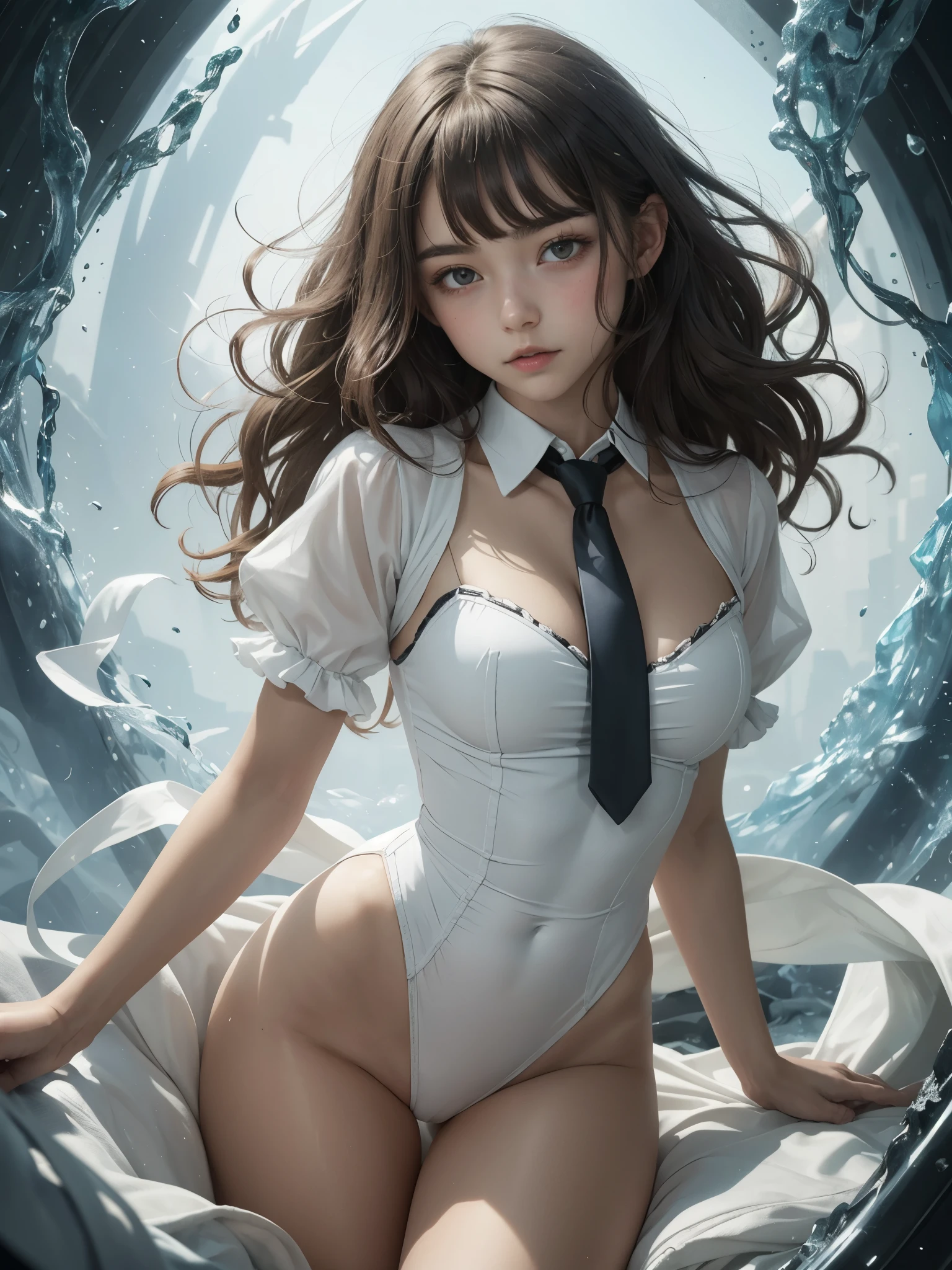 girl wearing sexy leotard, BREAK, girl, white leotard, (yo, cute:1.6), (breasts:1.2), loose necktie, long layered shaggy hair, flat bangs, looking at viewer, thighs, breasts, long curly brown hair, white clothing, puff sleeve, tace trim details, hemline, dreamy, ethereal,