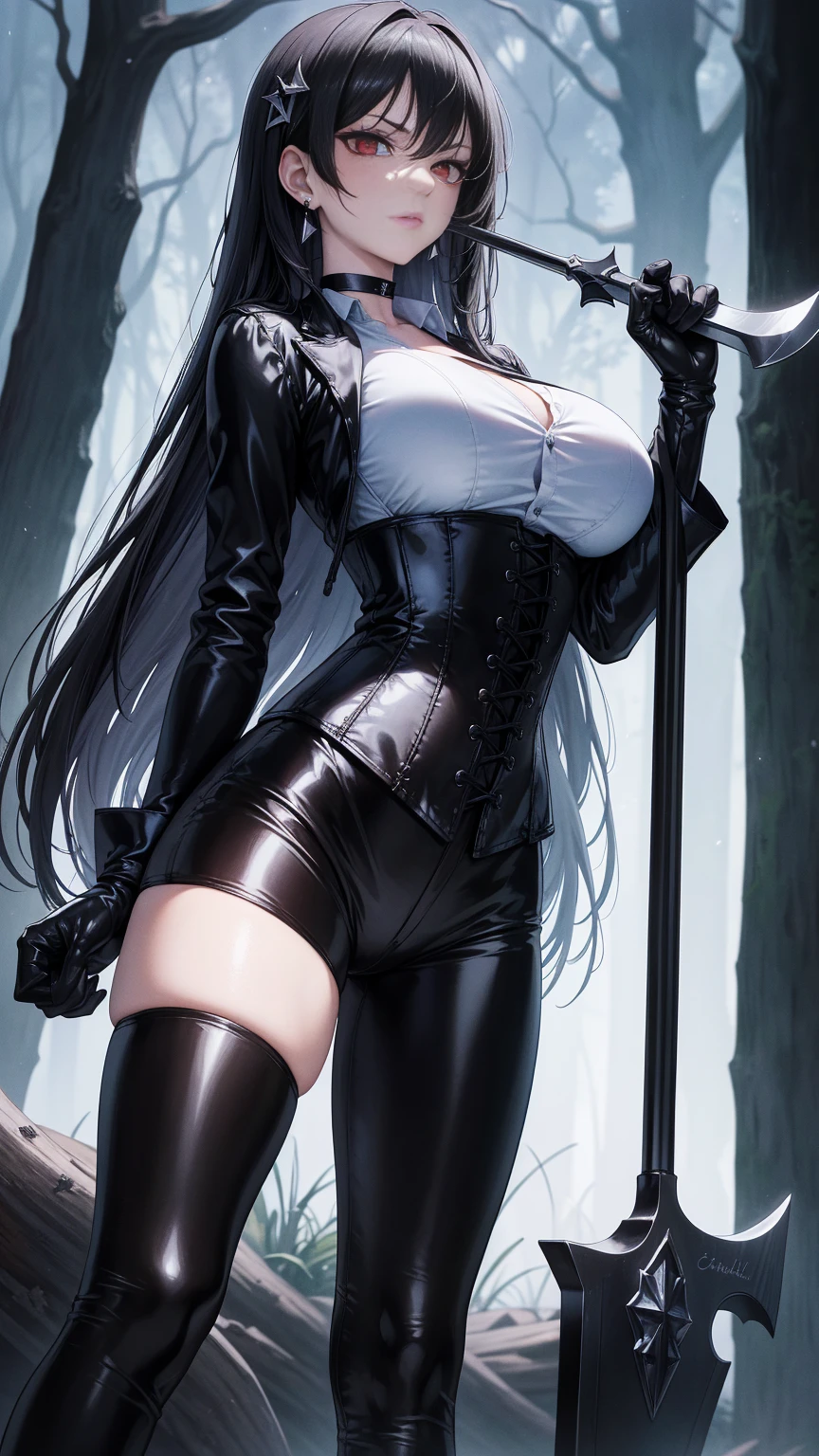 8K, highres, ultra detailed, (masterpiece:1.4), The best quality, symmetrical body, standing, pose sexy, front view, choker:1.6, holds an axe in his hand, (White collar button-down shirt with white long sleeves), Black gloves, gloves that cover the hands, (black leather corset), (Black shiny leggings), (black boots), Alone, Earrings, Long hair, black hair, perfect eyes,  red eyes, Shine effect, detailed eyes, detailed face, mirAndo Al espectAdor, path, dark forest, night, fog, angled view, big breasts, serious gaze