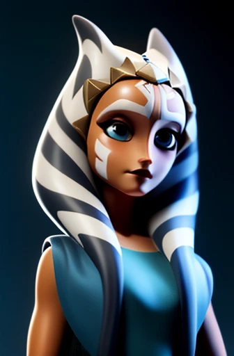 (masterpiece,Best Quality, Super detailed), Ahsoka Tano, (Orange peel:1.2), sexy, young, Teen, , blue eyes, compensate, Small breasts, Blue Shirt, vambraces, Fingerless gloves, Hip Armor, Blue Skirt, Blue leggings, anime/cartoon character wearing a 女の子s,Standing, Watching the audience,Wearing a white and grey striped headpiece, Covers the ears and part of the forehead, Decorated in brown, Sophisticated headband. Her skin is warm, Dark Brown, Her face is covered in striking white makeup.., They have a distinctive diagonal stripe on their foreheads.., A cloak with a texture that seems to be made from thick fabric.., Wool-like material, Adds to her regal and authoritative appearance. She has her hands folded in front of her chest, She is wearing a black glove on her left hand.., small, A round device worn on the wrist,stunning face, detailed eyes and face, detailed body, detailed skin, (portrait, on),