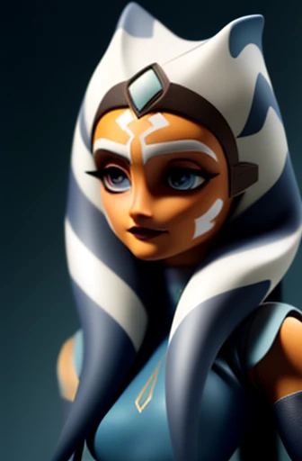 (masterpiece of the highest quality, Super detailed), Ahsoka Tano, (Orange peel:1.2), sexy, young, Teen, , blue eyes, compensate, Small breasts, Blue Shirt, vambraces, Fingerless gloves, Hip Armor, Blue Skirt, Blue leggings, anime/cartoon character wearing a 女の子s,Standing, Watching the audience,Wearing a white and grey striped headpiece, Covers the ears and part of the forehead, Decorated in brown, Sophisticated headband. Her skin is warm, Dark Brown, Her face is covered in striking white makeup.., They have a distinctive diagonal stripe on their foreheads.., A cloak with a texture that seems to be made from thick fabric.., Wool-like material, Adds to her regal and authoritative appearance. She has her hands folded in front of her chest, She is wearing a black glove on her left hand.., small, A round device worn on the wrist,stunning face, detailed eyes and face, detailed body, detailed skin, (portrait, on), (masterpiece), (high aesthetic), (absolutely resolution)