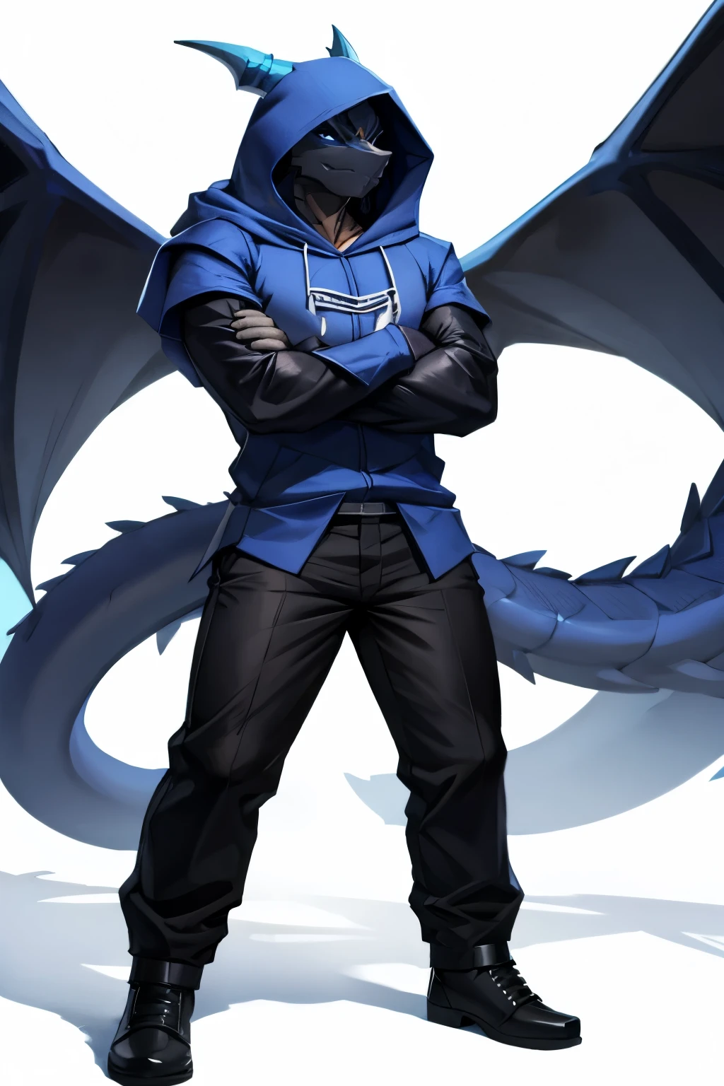 Mysterious blue Dragon, hood down, full body, crossed arms, white background, black trousers,