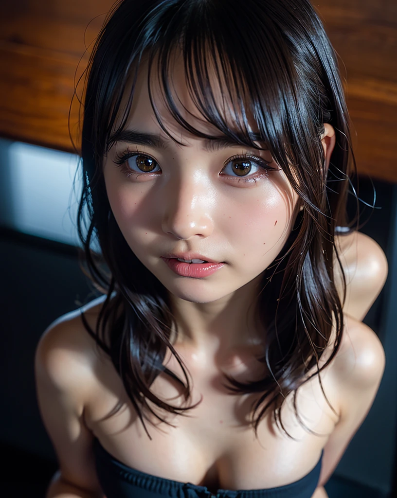 (High resolution:1.3), (16k, Photorealistic, Raw photo, Best image quality: 1.4), Japanese, (One Girl), Beautiful Face, (A vivid face), (Black-haired、Long Hair:1.3、bangs:1.2), (Black Eyes 1.3), Beautiful Hairstyles, Realistic eyes, Beautifully detailed eyes, (Realistic Skin), Beautiful skins, attractive, 超A high resolution, Surreal, High detail, Golden Ratio, Highly detailed cute girl,(20-year-old), ((naked)), locker room, (Crying face:1.4)