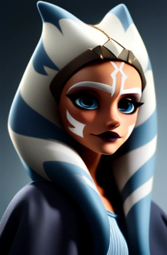 (masterpiece of the highest quality, Super detailed), Ahsoka Tano, (Orange peel:1.2), sexy, young, Teen, , blue eyes, compensate, Small breasts, Blue Shirt, vambraces, Fingerless gloves, Hip Armor, Blue Skirt, Blue leggings, anime/cartoon character wearing a 女の子s,Standing, Watching the audience,Wearing a white and grey striped headpiece, Covers the ears and part of the forehead, Decorated in brown, Sophisticated headband. Her skin is warm, Dark Brown, Her face is covered in striking white makeup.., They have a distinctive diagonal stripe on their foreheads.., A cloak with a texture that seems to be made from thick fabric.., Wool-like material, Adds to her regal and authoritative appearance. She has her hands folded in front of her chest, She is wearing a black glove on her left hand.., small, A round device worn on the wrist,stunning face, detailed eyes and face, detailed body, detailed skin, (portrait, on), (masterpiece), (high aesthetic), (absolutely resolution)