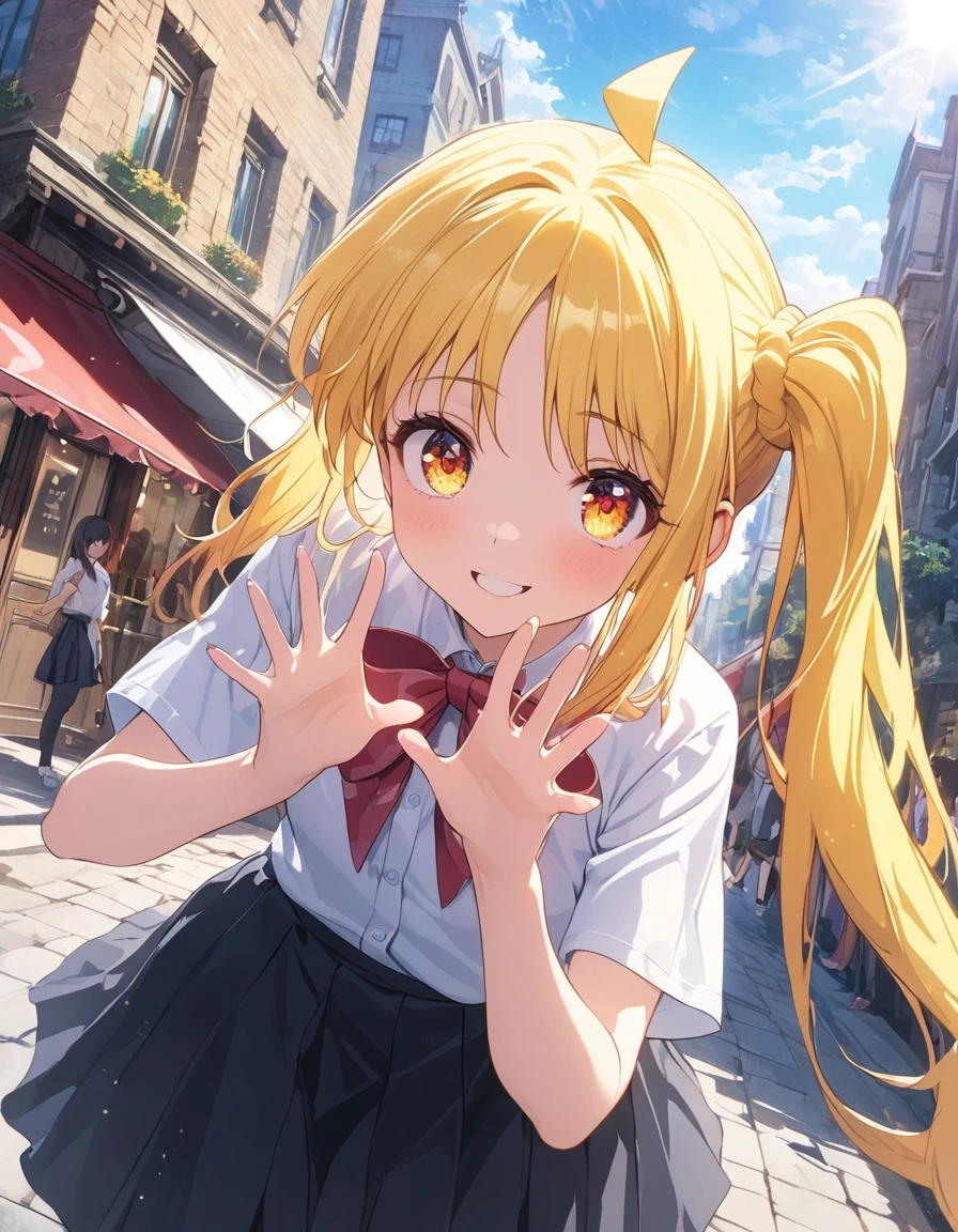 nijika ijichi, stupid hair, (yellow hair:1.5), (brown eyes:1.5), long hair, one side up, (flat chest:1.2), ( 
 (black skirt:1.5), bow, bowtie, collared shirt, pleated skirt, red footwear, shirt, shoes, short sleeves, skirt, socks, (white shirt:1.5), 
She is smiling in the city, 8K wallpaper, ( illustration: 0. 8), ,(beautiful detailed eyes: 1.6), highly detailed face, perfect lighting, highly detailed cg, (beautiful detailed eyes: 1.6), highly detailed face, perfect lighting, highly detailed cg, full body, (perfect hands, perfect anatomy)