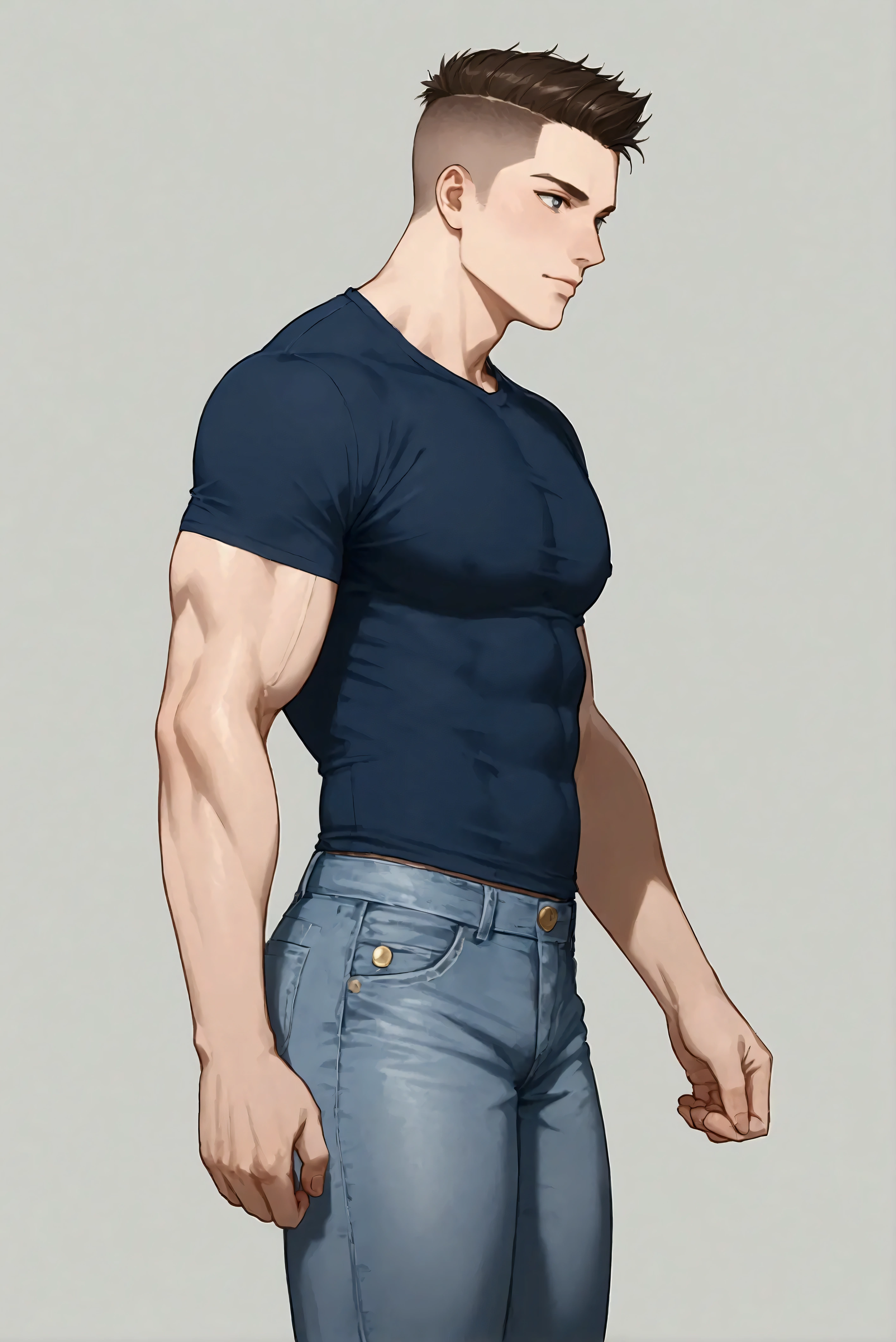 a muscular 8-foot-tall. Solo. the man's physique is powerfully built and thick, with rippling muscles visible beneath his clothing. wearing a pair of jeans and a dark blue tee shirt. clean cut clean shaven, head tilted down, Every aspect of the scene is rendered in hyper-detailed, vivid fashion - the man's chiseled physique, and the dramatic lighting and cinematic composition. side view