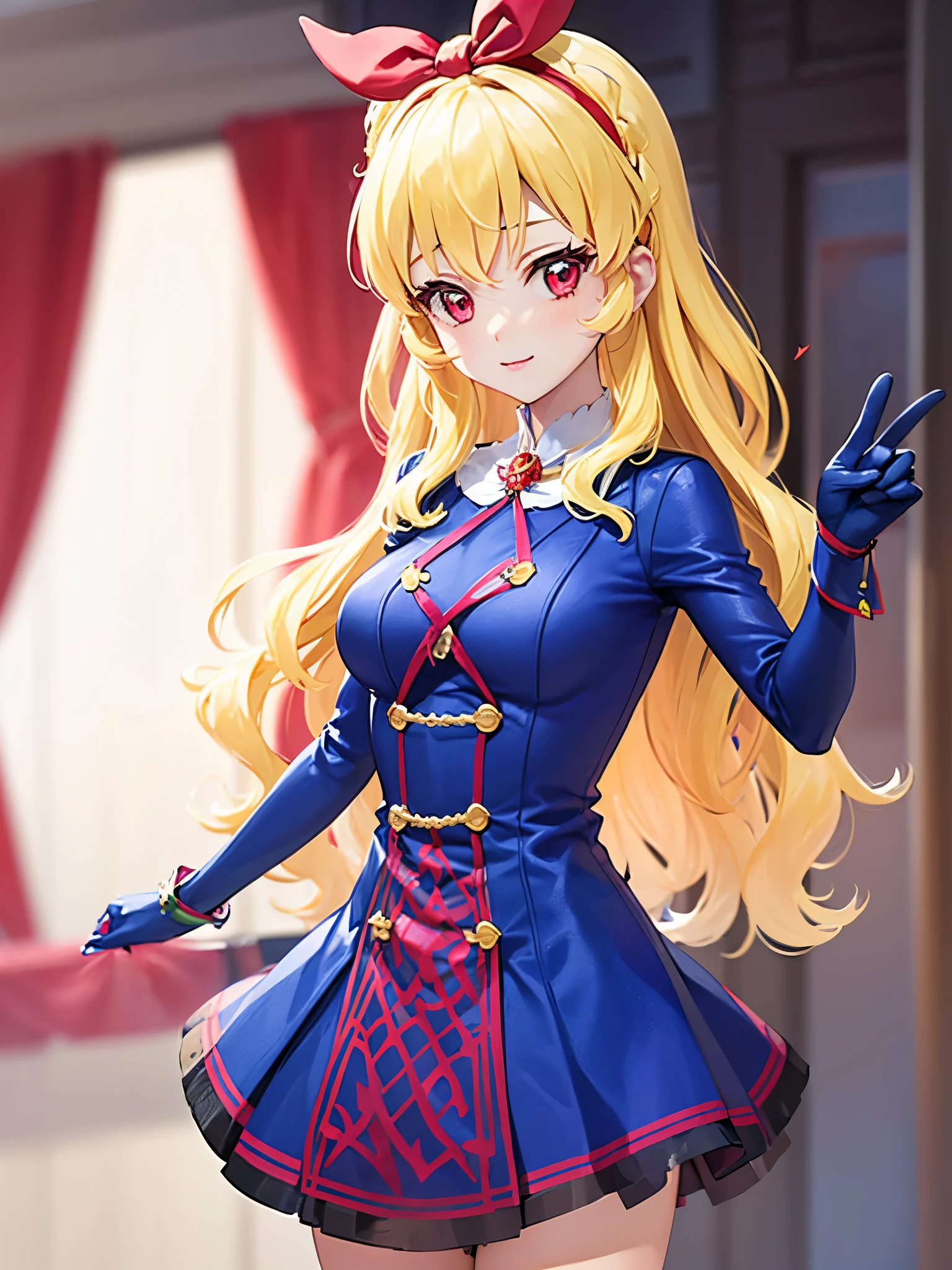 a female anime character in a red and black suit is pointing towards something, with another woman on her left, and an empty area off to the right, 1girl, solo, breasts, looking at viewer, long hair, bodysuit, blonde hair,outfit-gantz, latex breast curtains, black panties,Ichigo Hoshimiya (Aikatsu!)