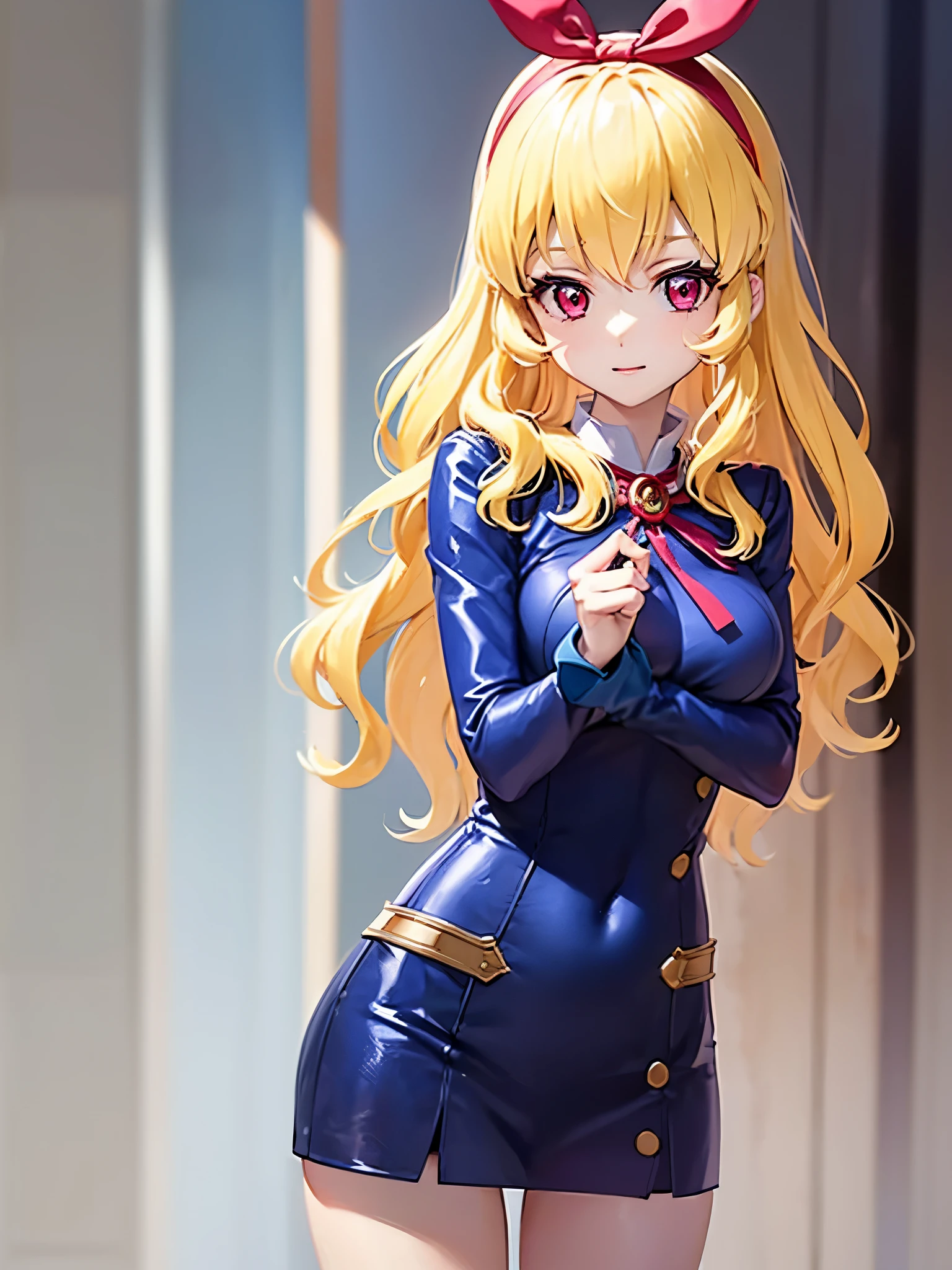 a female anime character in a red and black suit is pointing towards something, with another woman on her left, and an empty area off to the right, 1girl, solo, breasts, looking at viewer, long hair, bodysuit, blonde hair,outfit-gantz, latex breast curtains, black panties,Ichigo Hoshimiya (Aikatsu!)