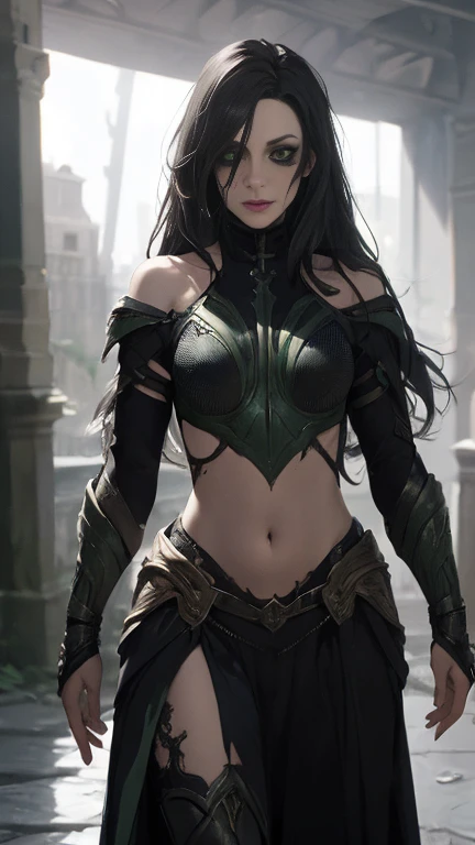 (Highly quality, masterpiece, detailed), undead city detailed scenario, undead city detailed background, 1girl, black hair, long hair, armor, bare shoulders, green eyes, navel, perfect face, beautiful eyes, look at the viewer, Sexy pose