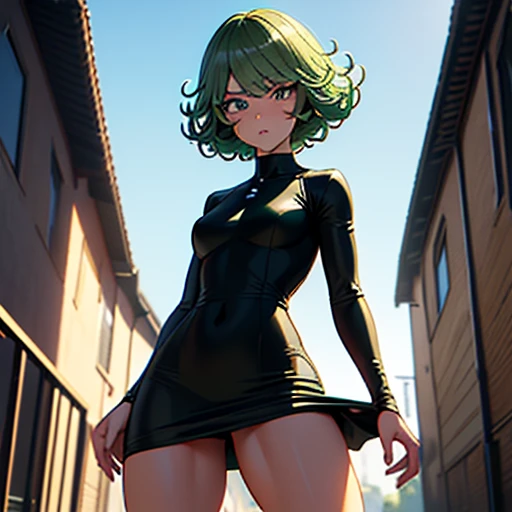 nude  woman in a black dress and green hair, tatsumaki, tatsumaki with green curly hair, small , tatsumaki from one punch man, anime girl wearing a black dress, digital art from danganronpa, anime woman fullbody art, nagito komaeda, akane owari danganronpa, anime vtuber full body model