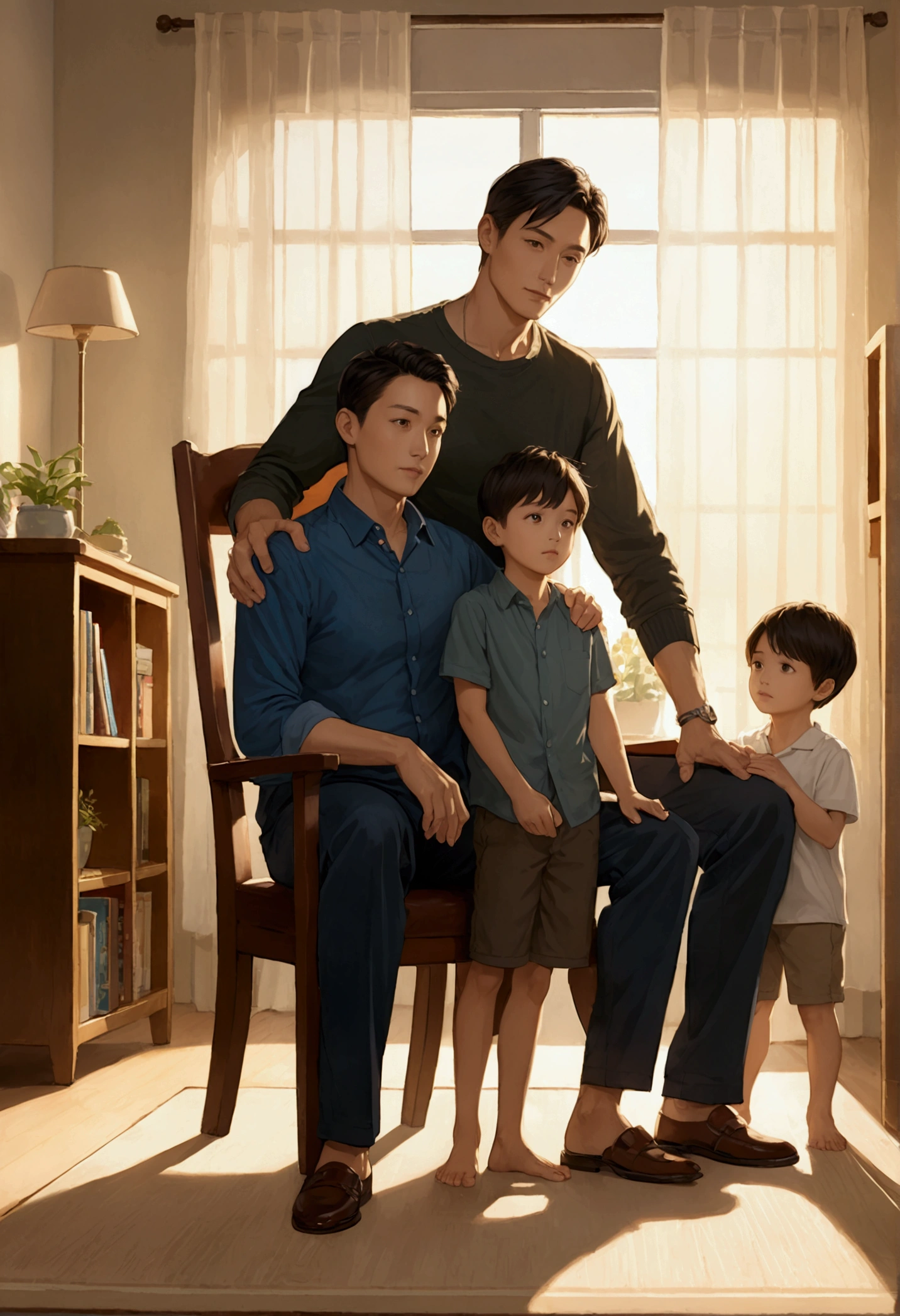 23 year old asian man near window watching another 23 year old asian man with  asian child on his lap smiling