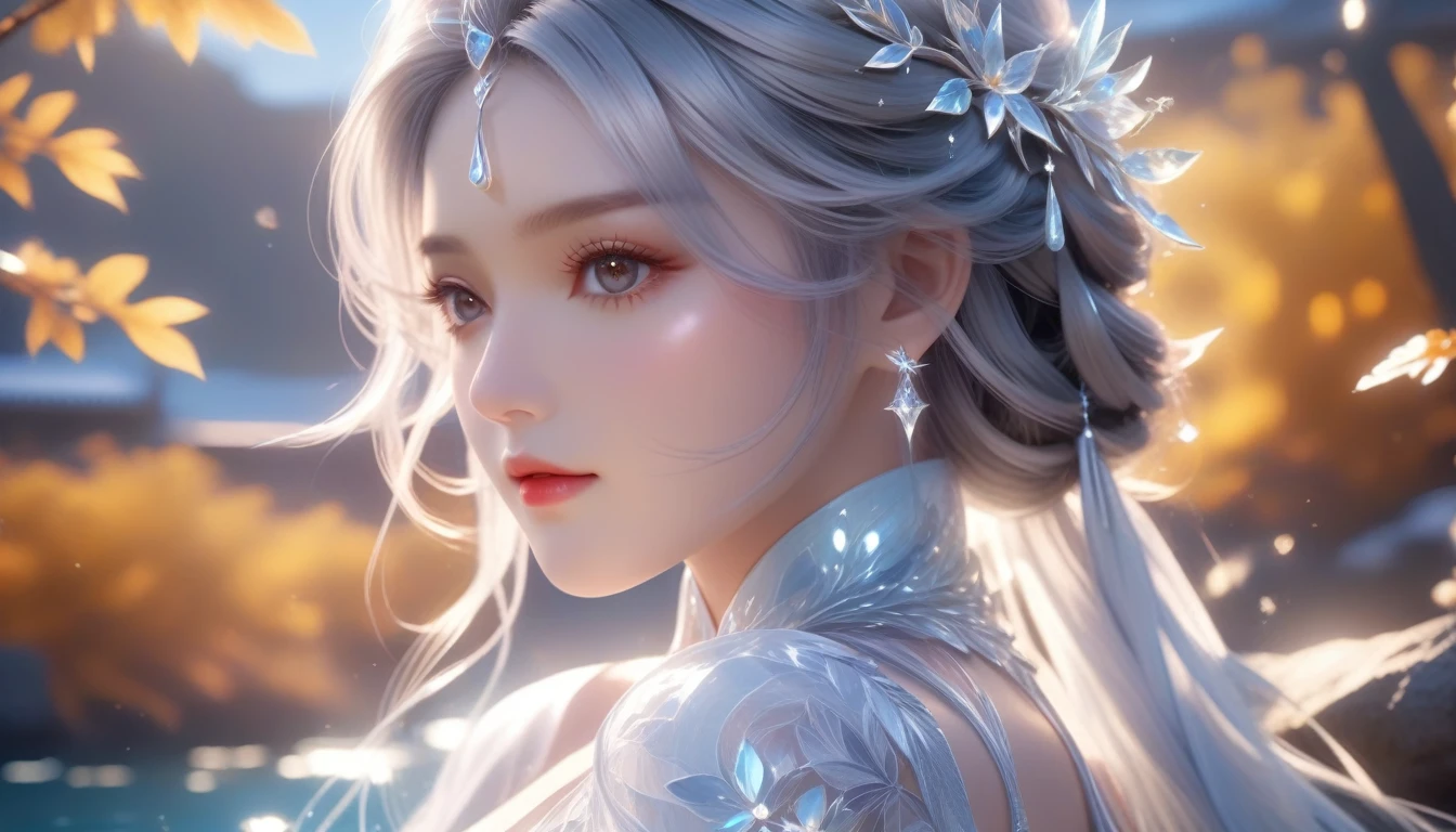 A Masterpiece In 32K Resolution, Supreme Quality, Super Detail, Official Art, Cinematic Lighting, Beautiful And Aesthetic, Very High-Resolution 32K Wallpaper.
A Girl With Crystal-Textured Skin, A Cold Look, And Smooth Movement, Adorned With An Attractive Pattern And Dressed Sensually To Highlight Her Ample Breasts. (Gentle Breeze, Scattered Leaves) (Snowy Background) , Porcelain Texture Skin, Soft and Mysterious Look, Silver Hair, Flowing and Braided, Amber Eyes, Elegant Stance, Intricately Delicate, Water Stream, ((Stunning Eye Details)), Fine Detailing, Cinematic Lighting, ((Charming Expression)), Calm Lake Surface, (Original Portraits), Super Detailed, Incredibly Detailed, (An Ethereal and Serene Beauty), Gorgeous Eyes, Upper Body, Gazing Ahead, Mystical, Full Body, Front View.