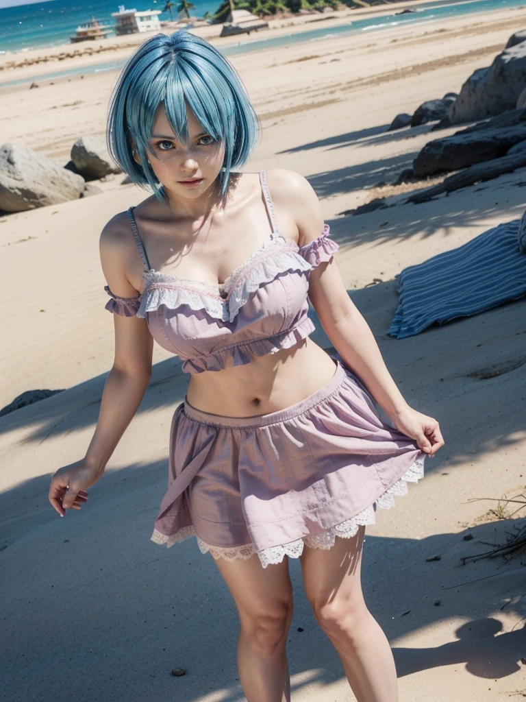 Nico, short blue hair, blue eyes, Best quality</input></xml>, casual dress, 1 , high resolution,  whole body, wearing a very short pink babydoll with lace, Wearing black sandals, on a beach, pulling up the skirt, bottom angle of the skirt