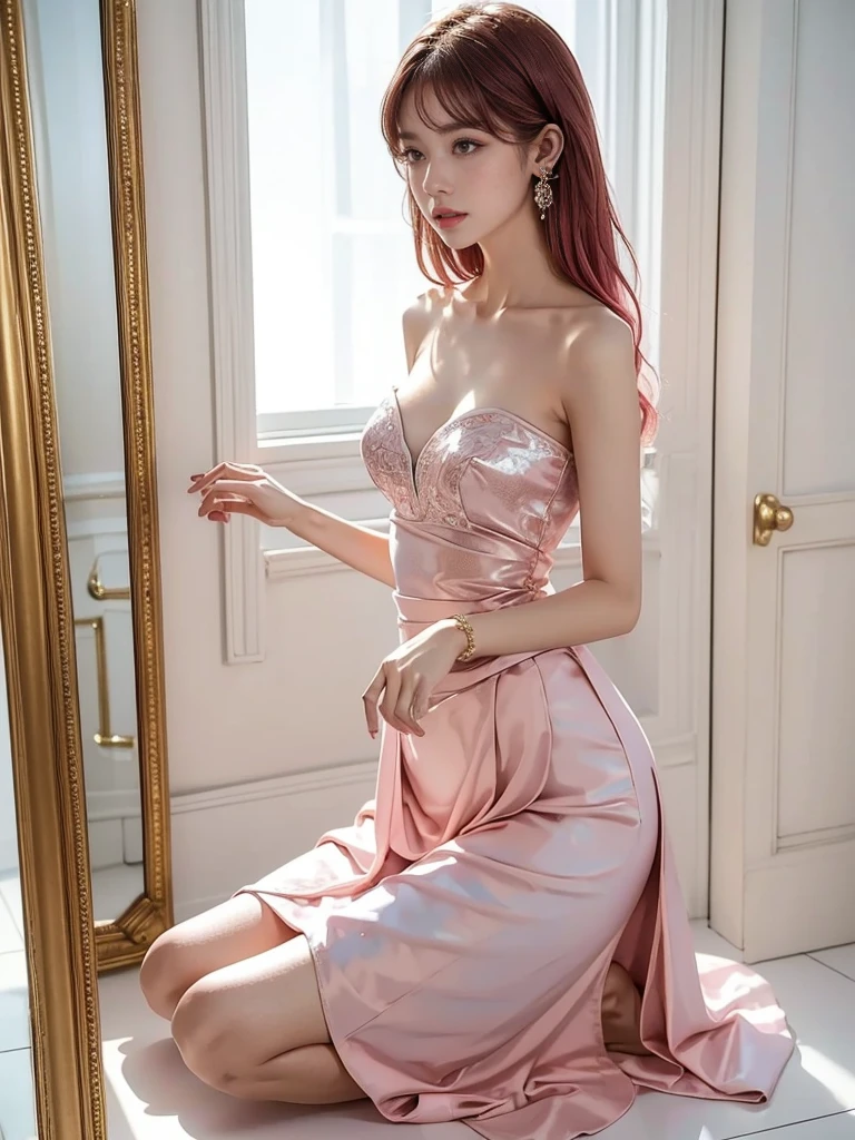 Best quality, 8k, 32k, Masterpiece, UHD:1.2), (Cowboy shot of a Pretty korean woman 18 years old), 1girl,extremely detailed face, extremely detailed eyes, (red long hair with korean bangs), looking at viewer, double eyelid, medium breasts, cleavage, solo focus, off shoulder , (pink cocktail dress:1.3), ,on a white casino lounge ,abs,(back_view, photo from behind, looking_at_viewer:1.3)