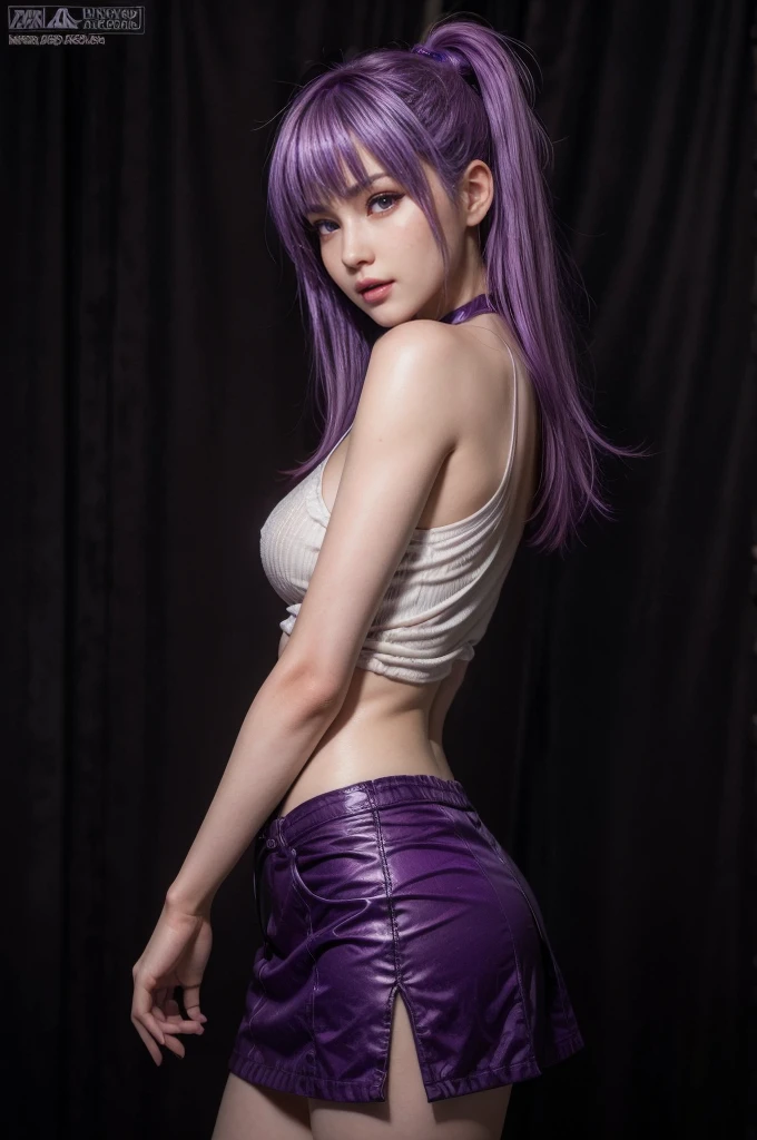 Ayane, purple hair, (best quality, ultra-detailed), (realistic:1.37), beautiful and detailed face, ultra-realistic texture, delicate face, delicate body, red lipstick, long-lasting colors. high definition, 8K. expression with a sexy look