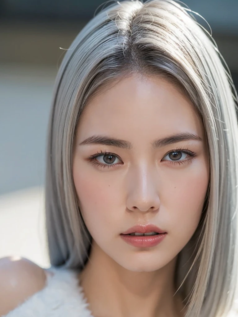 (photo Realistic:1.4), (hyper Realistic:1.4), (Realistic:1.3), (Smoother lighting:1.05), (Enhance cinematic lighting quality:0.9), 32K, One girl, 1 girl, Light skin color,Height: 172cm, : 34D, ((Long, fluffy silver hair )),Realistic soft lighting, Backlight, Light on the face, Ray-tracing, (Bright light:1.2), (Improved quality:1.4), (Highest quality realistic textured skin:1.4), Detailed drawn eyes, Detailed painted face, Fine quality (Grey Eyes), (Tired, sleepy and satisfied:1.0),An ennui look,Cowboy Shot,A creative outfit with a loose fit, (Enhance the mood of your body line:1.1), (Enhances the beauty of skin texture:1.1),Beautiful breasts,From above