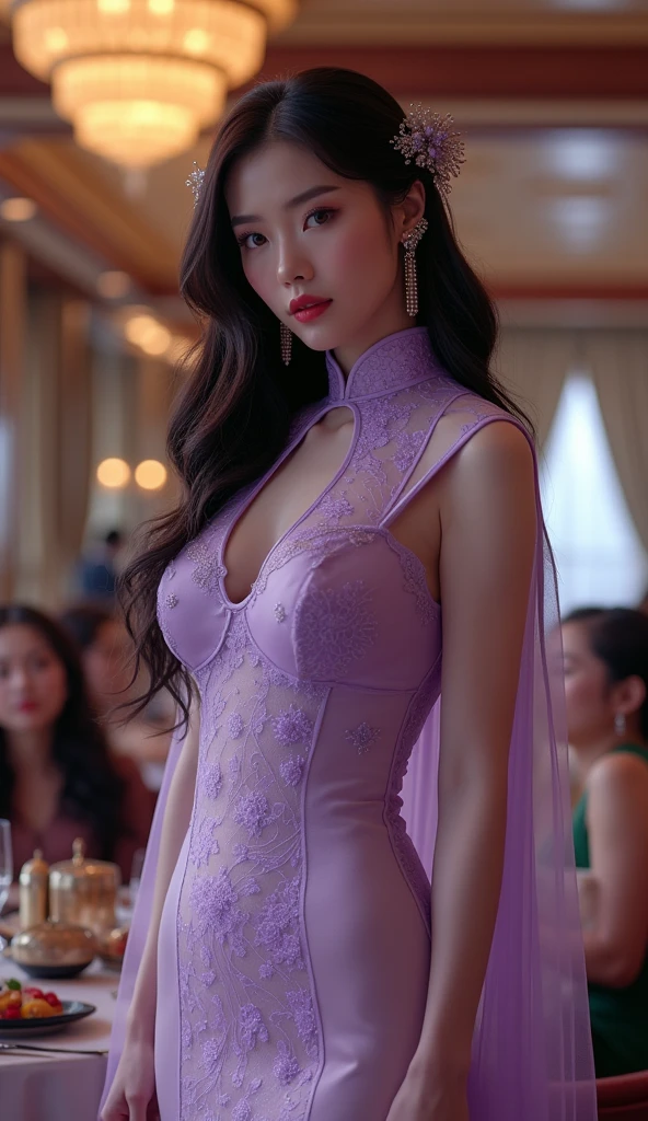 araffe woman in a purple dress leaning against a wall, Purple Dress, Ao Dai, dressed in purple, Purple body, amouranth, Tight dress, mai anh tran, draped in purple, Better known as Amouranth, purple outfit, asian female, in style of lam manh, dark purple garments, vietnamese woman