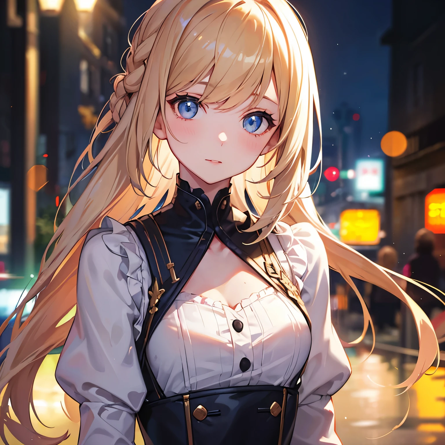 Best quality realism, 1 Girl, Miss,(skindentation), Medium chest, (Bright), (Professional lighting, Bokeh), (street), people, crowd, Braided Bangs, (Women&#39;s shirts:1.5), (Wear:0.8), Gorgeous, bloom, Flowing hair, (Dynamic poses:0.6) , Soft lighting, 