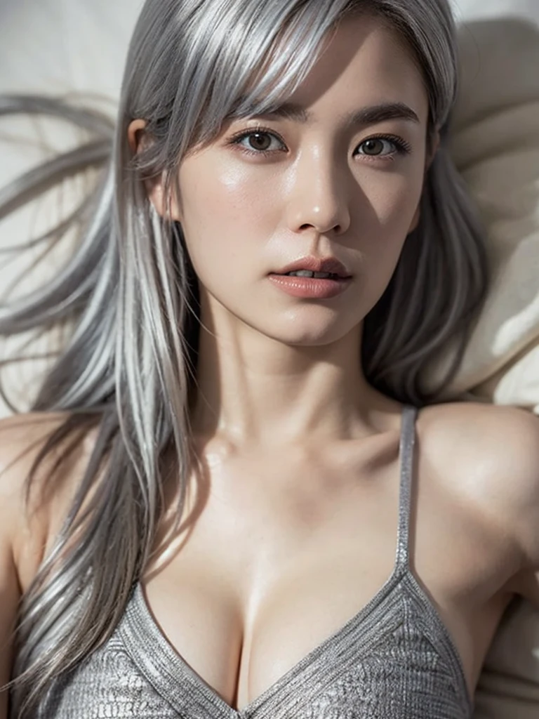 Furina from Genshin Impact, 18 years old girl, (Raw photo, Best Quality), (Realistic, Photorealsitic:1.3), masterpiece, Extremely delicate and beautiful, Soft light, (beautiful white and blue hair, Shoulder-length straight hair swaying in the wind), Beautiful detailed girl, (Detailed fingers), extremely detailed eye and face, beautiful detailed nose, Beautiful detailed eyes, 1 girl, Japanese, Neat and clean beauty, Cute, young, (big breasts), Realistic face, Realistic body, cute smile, full body view, sitting on the bed