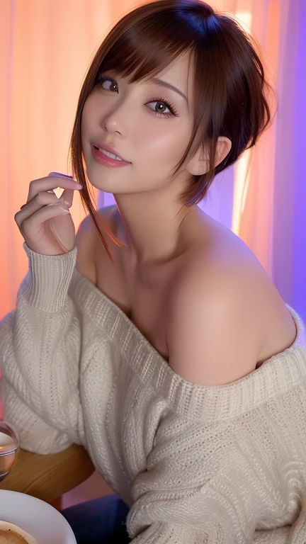 Japan Person Model、Young Sensual Gravure Idol、Young cute gravure idol、Yoshitomo Nara、Young skinny gravure idol、beautifull asian girl ever、((NSFW))、Get a little wet、Loose and light knitwear、top-down bottom-up、bed、(Back Pose)、smile