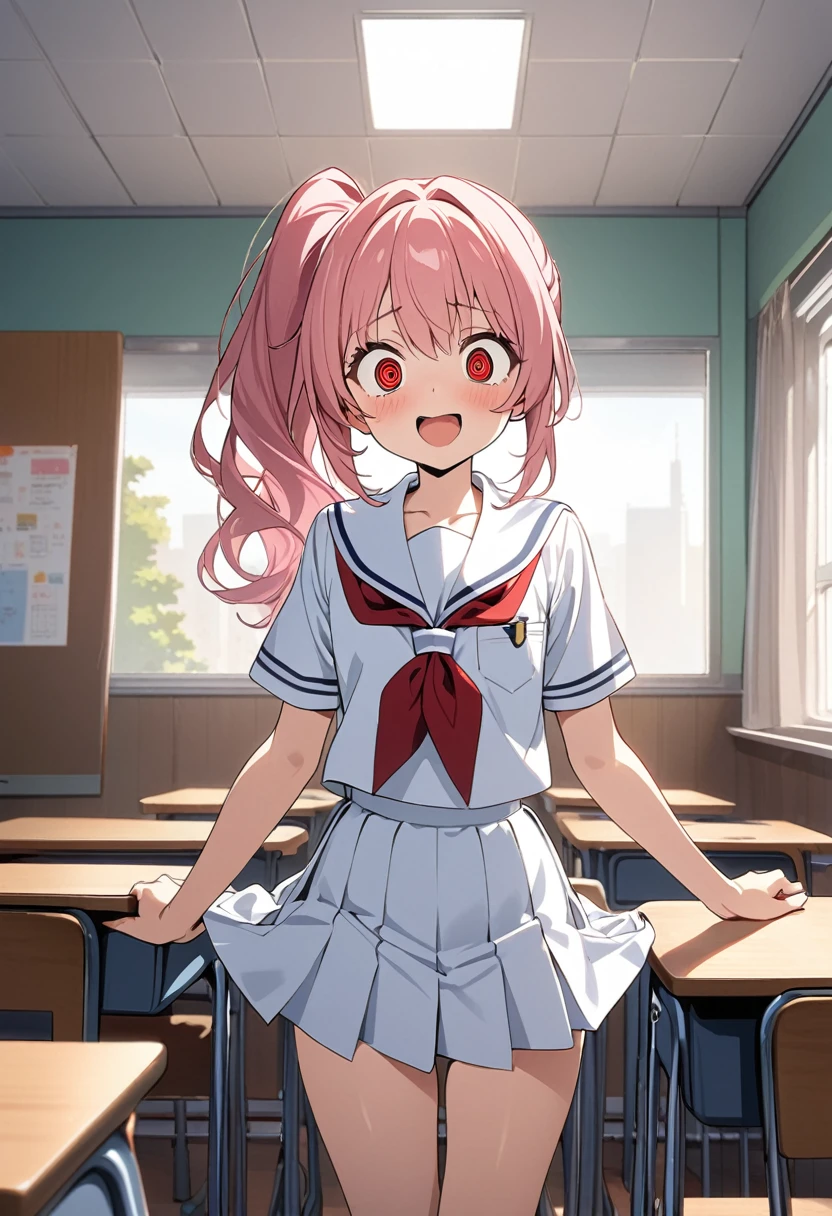 Top Quality, Masterpiece, High Definition, Very Detailed, 8k, One Girl, Cute, Anime, Crystal Clear White Skin, Asian Girl, Sensual, Full Body, Young, Junior High School, , , (Hair color is light pink), School hallway, Summer cute uniform, Hair rises fluffily, Miniskirt, Lift-up skirt, Crying loudly, Close both eyes, scream, Awesome anger, High angle, crying, Looking up, kneeling hands crying on floor, front camera