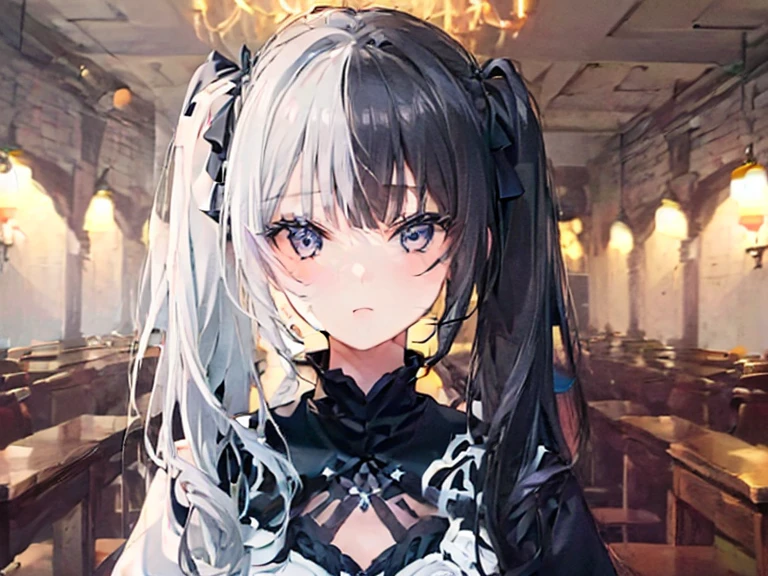 Best Quality、Best Quality、8k、Ultra-high resolution、Best Quality、Very detailed、Perfect Face、Very detailed、Very delicate、1. Boy, ((Alone))、,Anime Style、church、Twin tails、(One Girl)、ツートーンヘアBlack and White,Black and White、2 Tone,(Tall girl with black and white hair),(1 girl:1.9),left_right,
