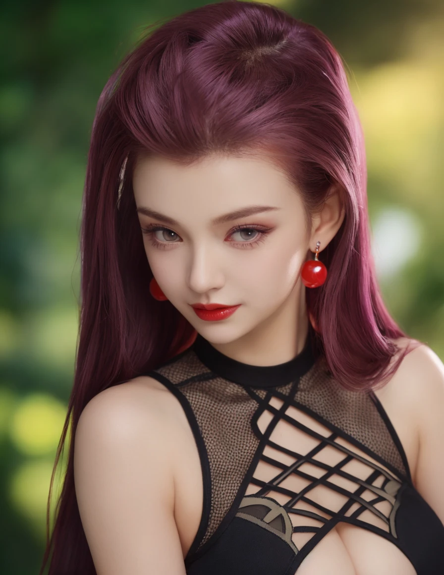 a beautiful woman with black and purple hair, detailed facial features, wearing a red outfit, full body, realistic face, realistic background, maximum face detail, detailed background, cinematic lighting, hyper-realistic, vibrant colors, 8k, high resolution, masterpiece