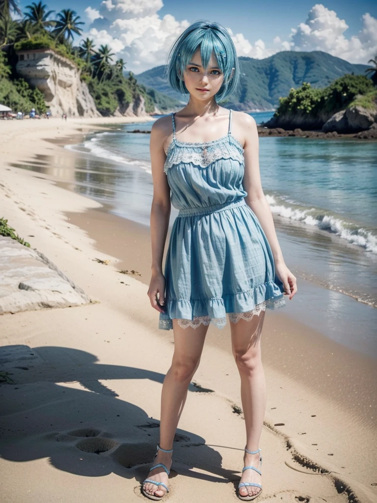 Nico, short blue hair, blue eyes, Best quality</input></xml>, casual dress, 1 , high resolution,  whole body, wearing a very short yellow babydoll with lace, Wearing black sandals, on a beach, pulling up the skirt,