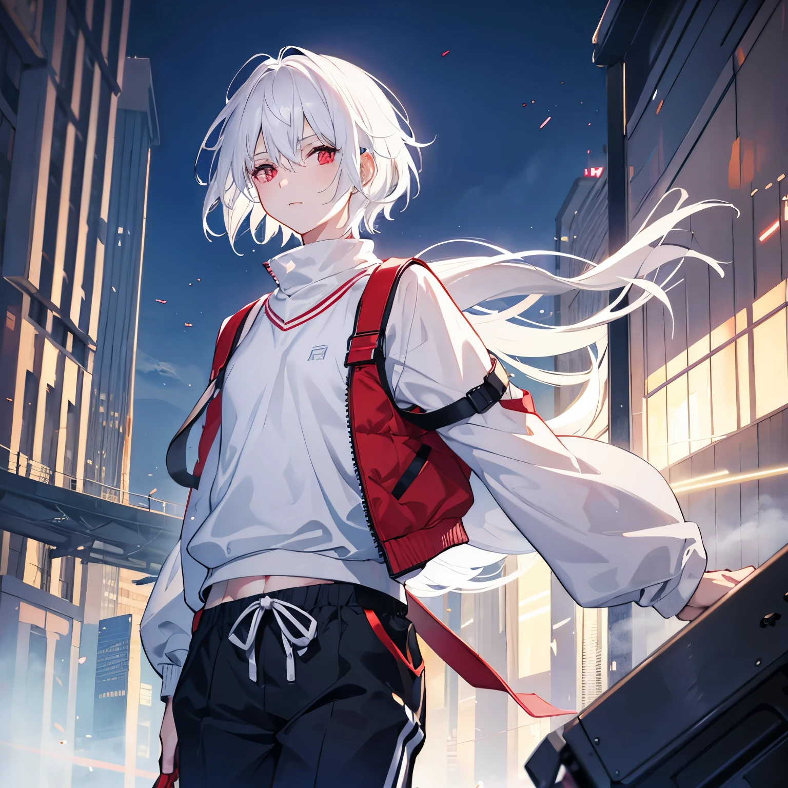 Short and Messy Boy Band Member White Hair, Red Eyes, Close-up photos, Reality, Wearing a vest and jogging pants, Solid Color, Future Cities, Dynamic camera angles, Beautiful anime style, Clean and delicate face, Complex clothes, Analogous Colors, Bright shadows, Beautiful gradient, Depth of Field, Hair Light, Clear images, high quality, High Detail, HD, Luminous Studio Graphics Engine, Pretty Face, Slim waist,
