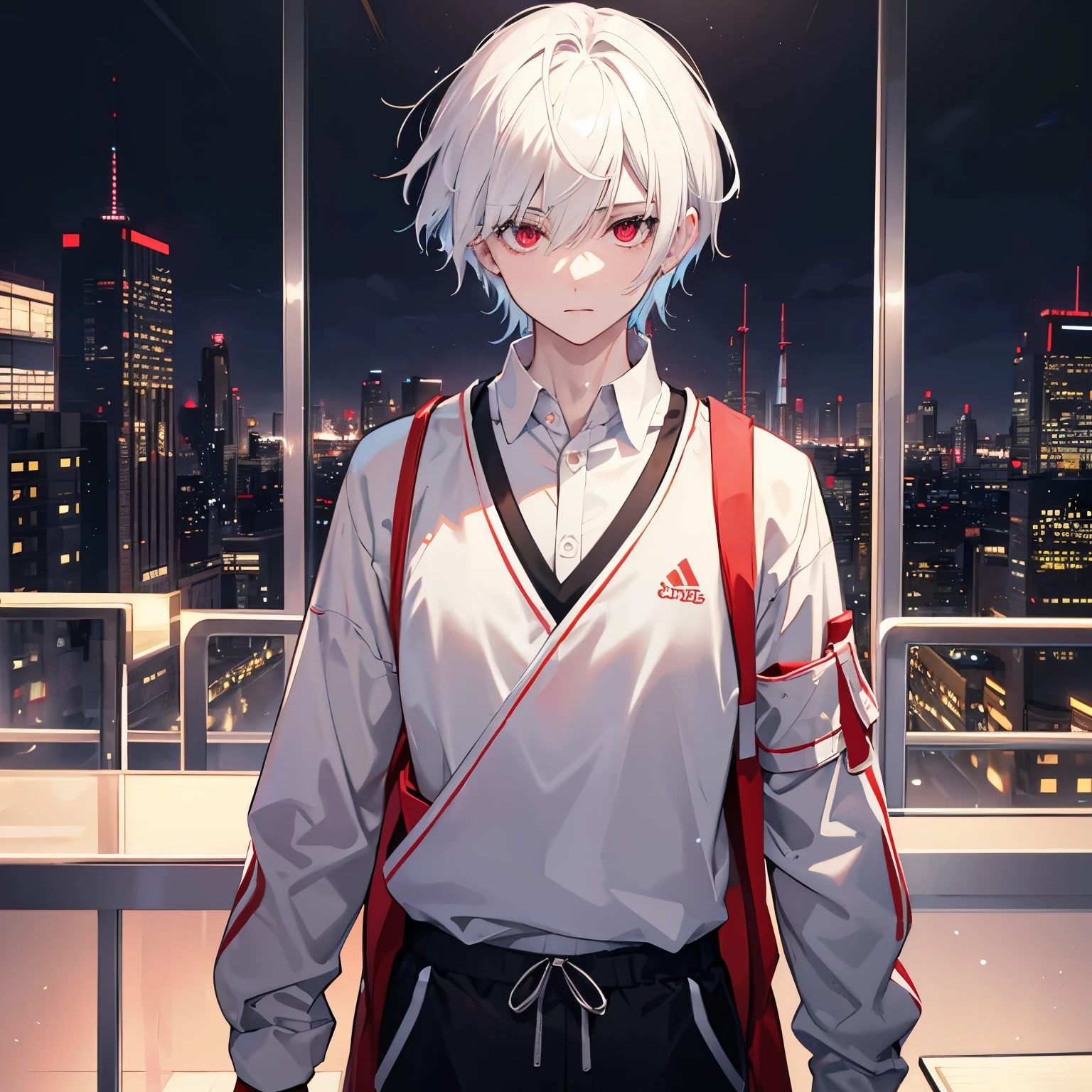 Short and Messy Boy Band Member White Hair, Red Eyes, Close-up photos, Reality, Wearing a vest and jogging pants, Solid Color, Future Cities, Dynamic camera angles, Beautiful anime style, Clean and delicate face, Complex clothes, Analogous Colors, Bright shadows, Beautiful gradient, Depth of Field, Hair Light, Clear images, high quality, High Detail, HD, Luminous Studio Graphics Engine, Pretty Face, Slim waist,
