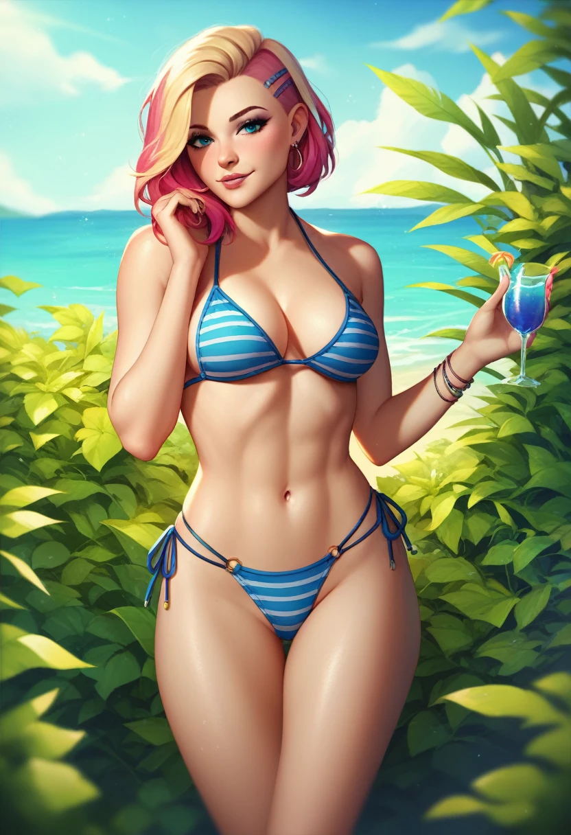 ((Masterpiece, standing,Best Quality, Purah, White Hair, brown Eyes, Red Headband, Hair Ornament, Hair Sticks, Red Glasses, shy, Smug)), ((pink lipstick, Extremely detailed, ambient soft lighting, 4k, perfect eyes, a perfect face, perfect lighting, a 1girl)), 1woman, (((adult woman))), ((((sexy)))), ((((submissive and breedable)))), cute, blush, nose blush, (((frilly bikini))), shapely body, (((((tropical setting))))), lewd, thigh, (((lewd))), slight smile, ((((paradise island, sunset, stars, thong, printed bikini)))), (((frilly hair ornament))), ((((cute hair ornament))))