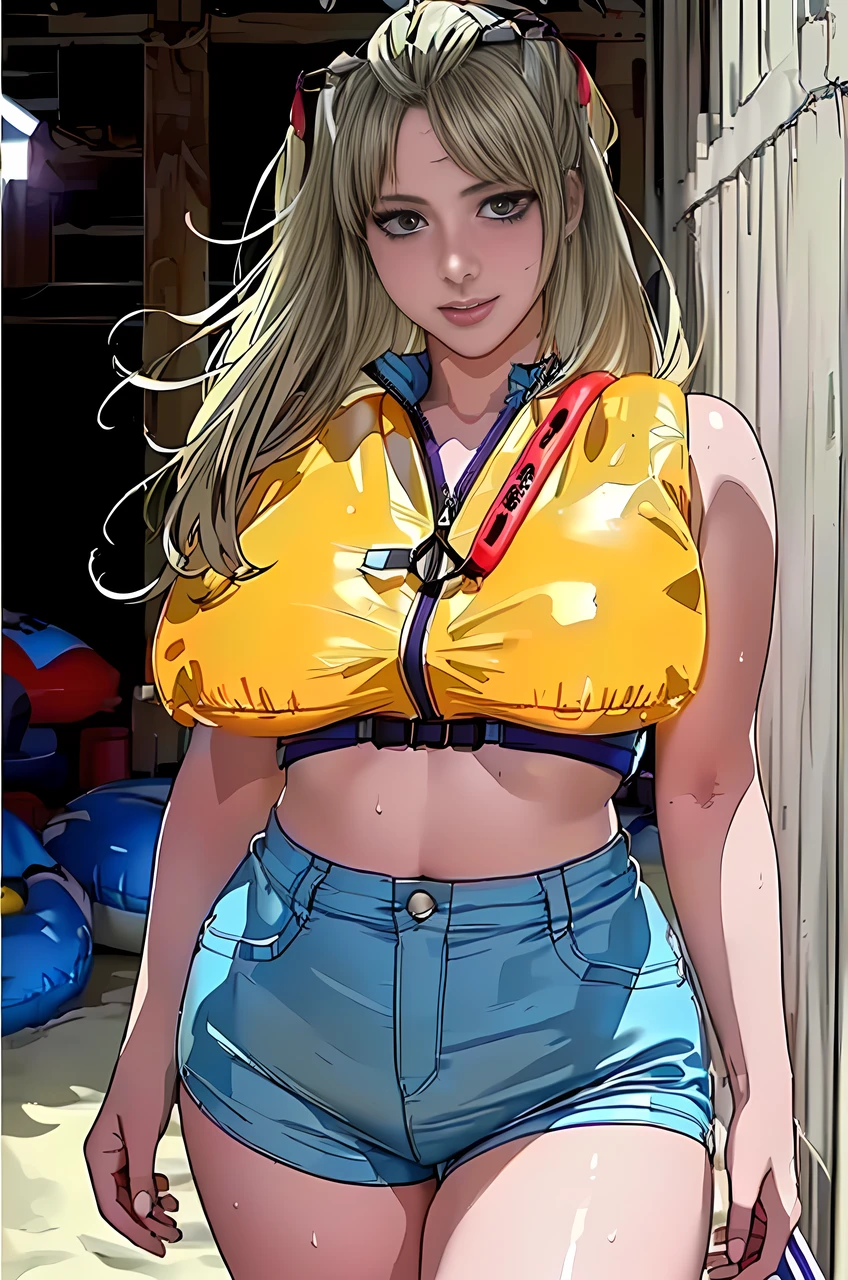 ((((masterpiece, best quality, high resolution)))), Extremely detailed 8K, Beautiful girl with voluptuous body, (Ultra HD, Ultra-detailed, Highly detailed, anime style), (1girl:1.5), (Realistic blonde hair), (long hair, hair bangs, earrings), (dynamic poses), facing at camera, looking at viewer, (blushing red, embarrassed, exhausted, smile, beautiful detailed face), ( detailed purple eyes, sharp eyes), (wide hips:1.2), (beautiful detailed face, beautiful detailed eyes), ((yellow inflatable life jacket ,Demin shorts)), (standing up), sweat, glow, ((cowboy shot)), beach, seductive, very sweaty, tsukuyo from gintama, full body, feminine body, accurate human anatomy