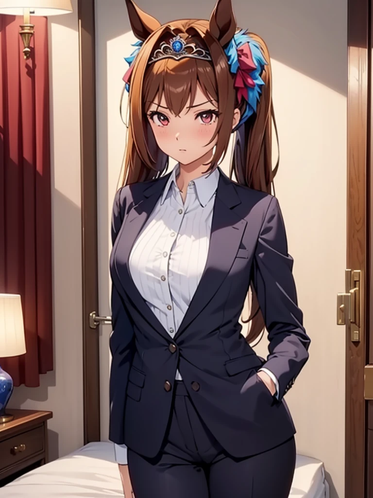 (​masterpiece、top-quality、hight resolution、Unity 8k、extremely details CG:1,Best Picture), (solo, 1girl),Daiwa Scarlet (Uma Musume), ((tiara)), brown hair, hair intake, red eyes, long hair, twintails, (horse ears, horse girl), A female employee, wearing a suit, trousers and shirt, is at the hotel to help a client man lose his virginity. Her expression is warm and understanding, and she speaks softly and invites him to ‘Come on, please lose your virginity with me...’, bed room, Faceless male