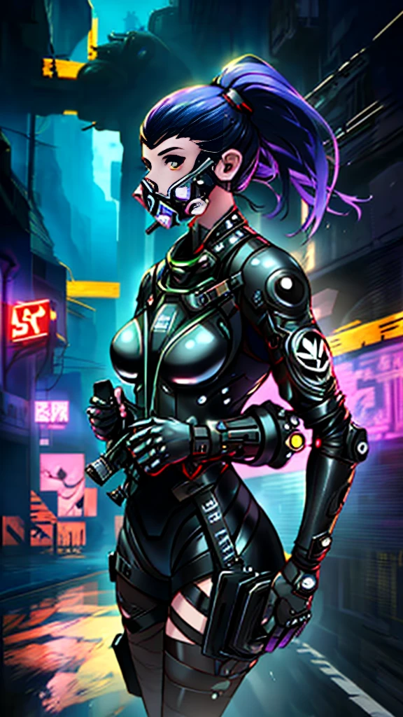 cyberpunk girl ,Graffiti, gas mask,(Premium、8K、32k、​masterpiece)、(The ultra - High definition)、(photorealistic:1.4), dynamic pose, COWBOY SHOT, cyberpunk fashion,Depth of Fields, cyberpunk city background, cinematic lighting.