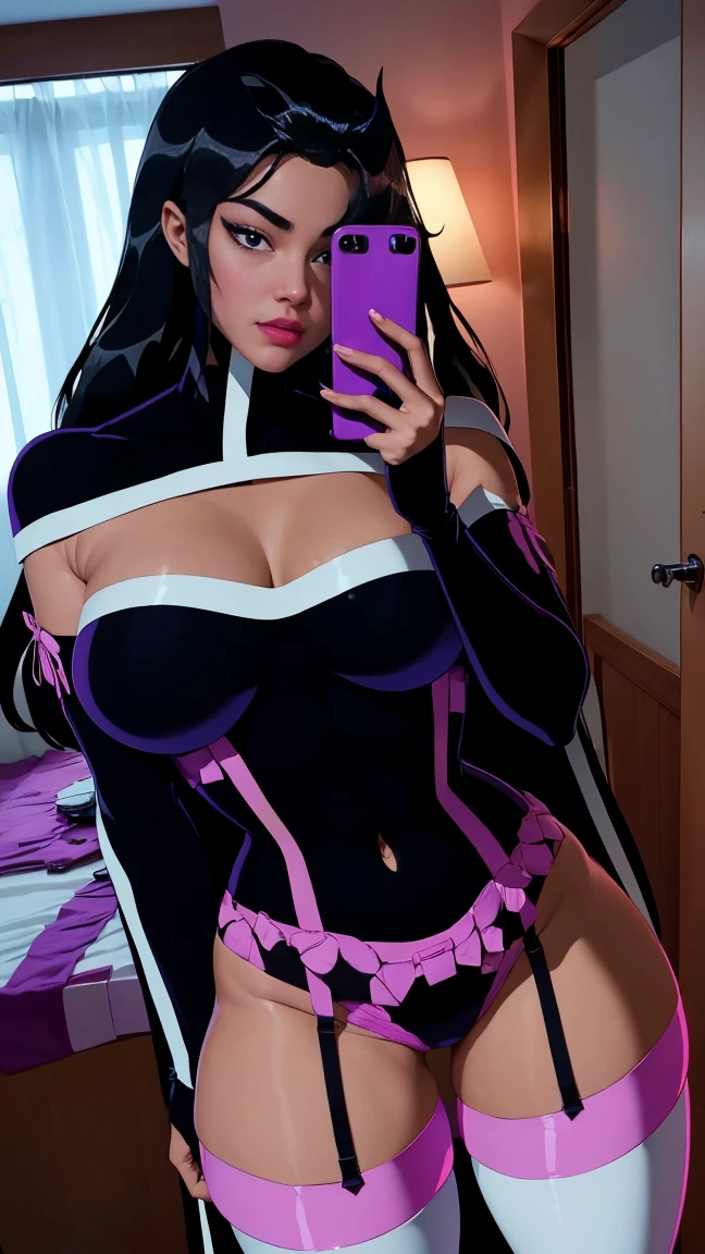 Huntress, very beautiful, blue eyes, long straight black hair , very giant breasts , shaped legs, very large buttocks , ((He is in his room taking a selfie)) ((dressed in ultra micro lingerie, very sexy and sensual, with a pink garter belt and very long white thigh-high stockings)), posing very sexy and sensual, Very nice room with a large window, good lighting, 4k resolution