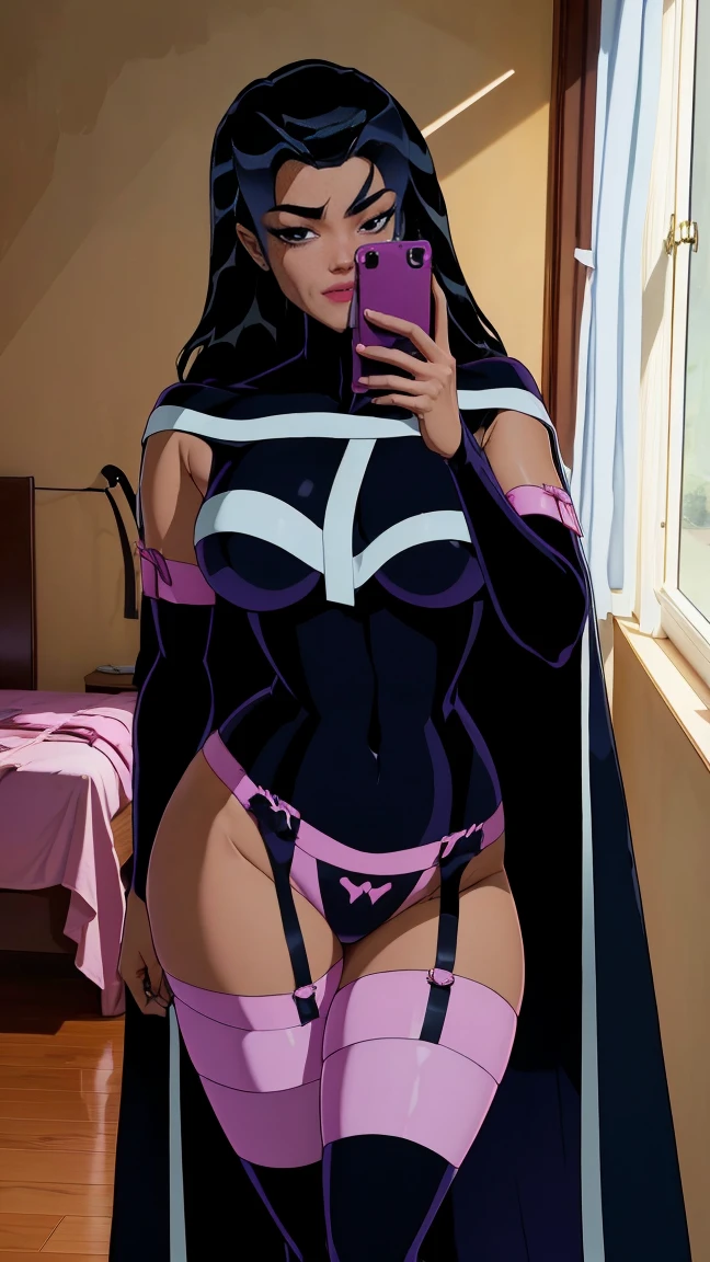 Huntress, very beautiful, blue eyes, long straight black hair , very giant breasts , shaped legs, very large buttocks , ((He is in his room taking a selfie)) ((dressed in ultra micro lingerie, very sexy and sensual, with a pink garter belt and very long white thigh-high stockings)), posing very sexy and sensual, Very nice room with a large window, good lighting, 4k resolution