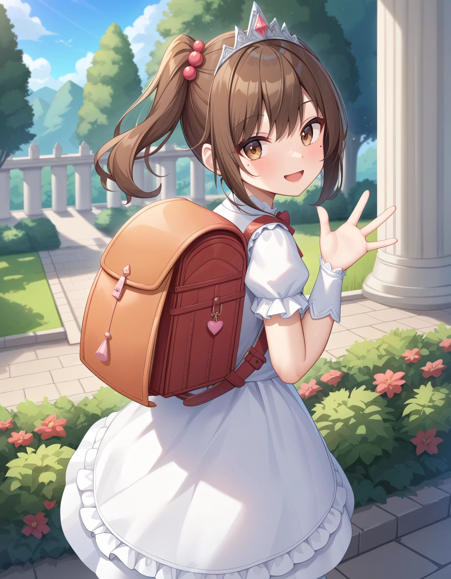 masterpiece, best quality, highres, 1girl, long hair, one side up, solo, ponytail,brown hair, masterpiece, best quality, highres, 1girl, , solo, brown hair, short hair, brown eyes, mole under eye, cowboy shot,, princess dress, princess Costume,bowtie, smile, (princess:1.2), frilled dress, tiara, castle, outdoor, garden, wearing randoseru backpack, (randoseru backpack:1.2), outdoor, day, back view, back body, backside, waving hands